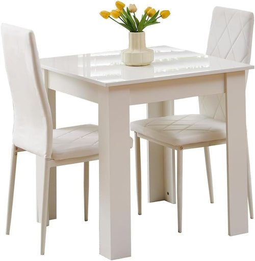 Modern 3-Piece White Marble Dining Set with 2 White Velvet Chairs for Small Spac
