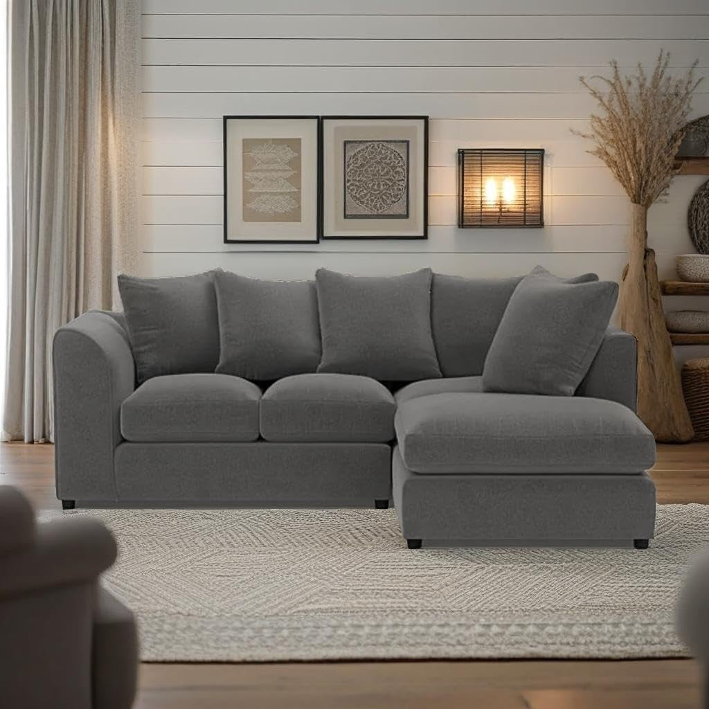 Grey Right Hand L Shaped Corner Sofa – 4 Seater Modular Couch with Cushions