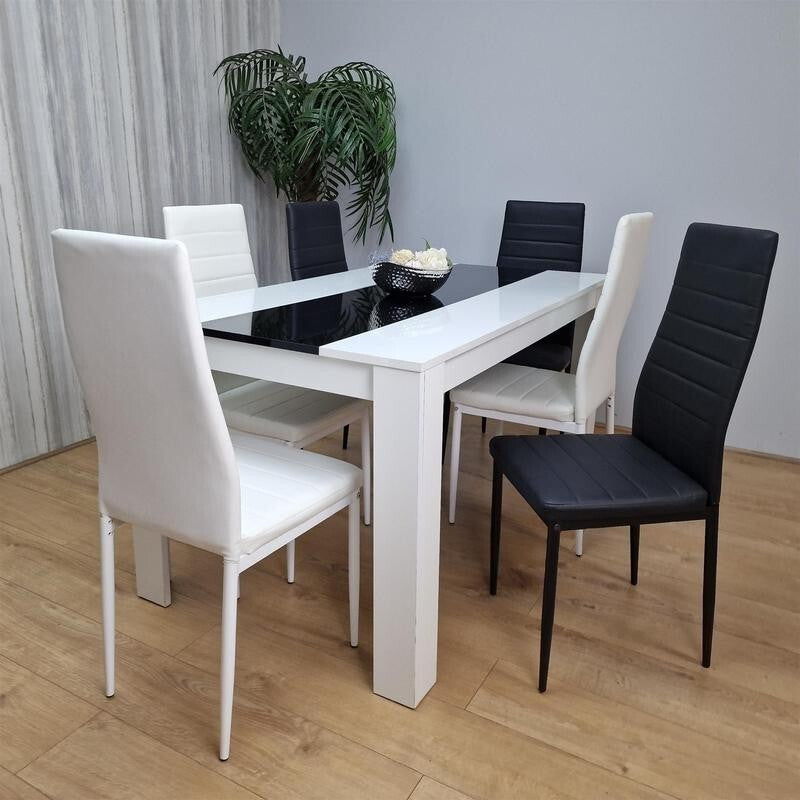 White Gloss Dining Table Set with 6 Faux Leather Chairs Modern Kitchen