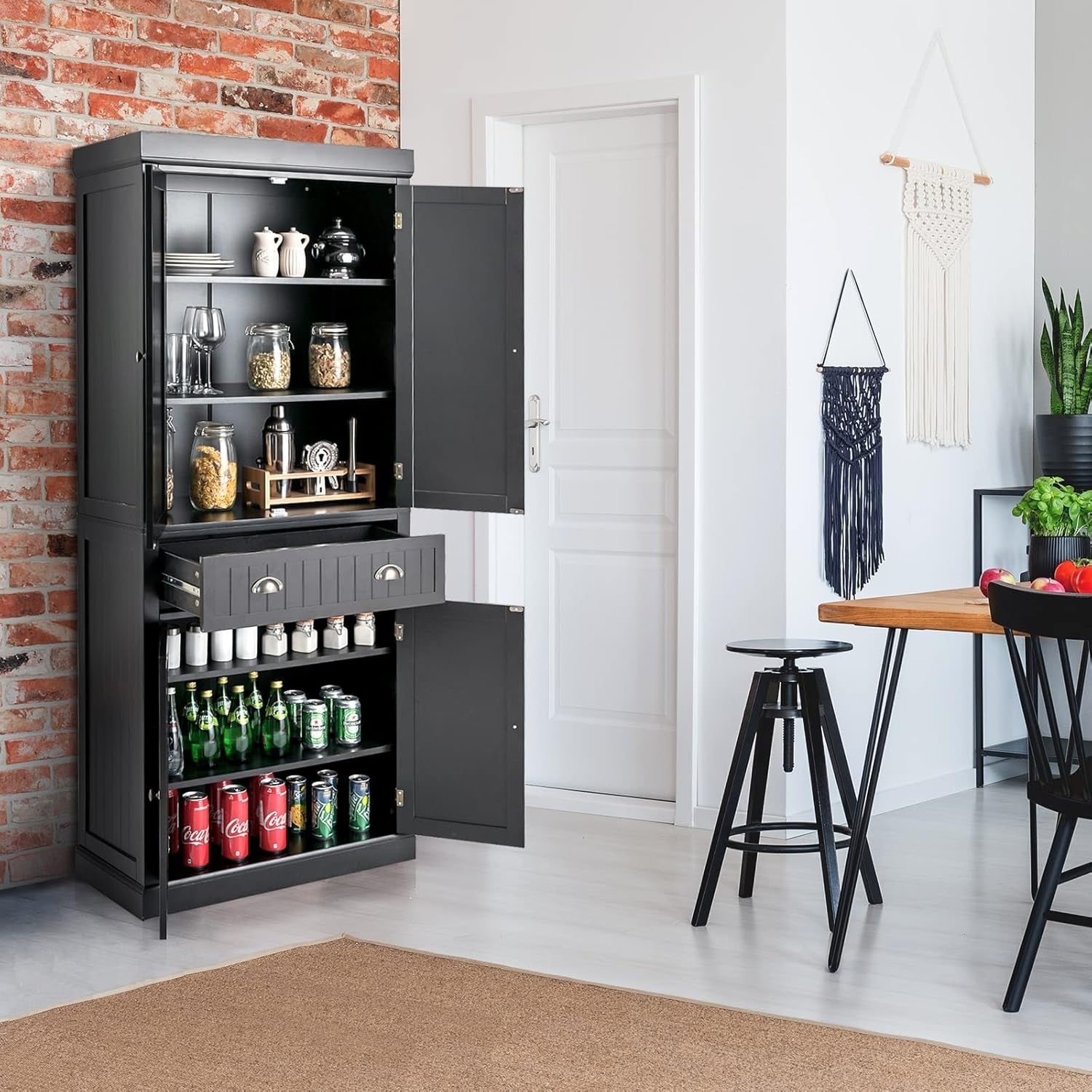 Black Tall Kitchen Cupboard 183cm Pantry Storage Cabinet Unit Shelves