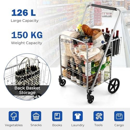 126L Foldable Shopping Trolley Cart – Heavy-Duty Metal, Waterproof, Black+Silver
