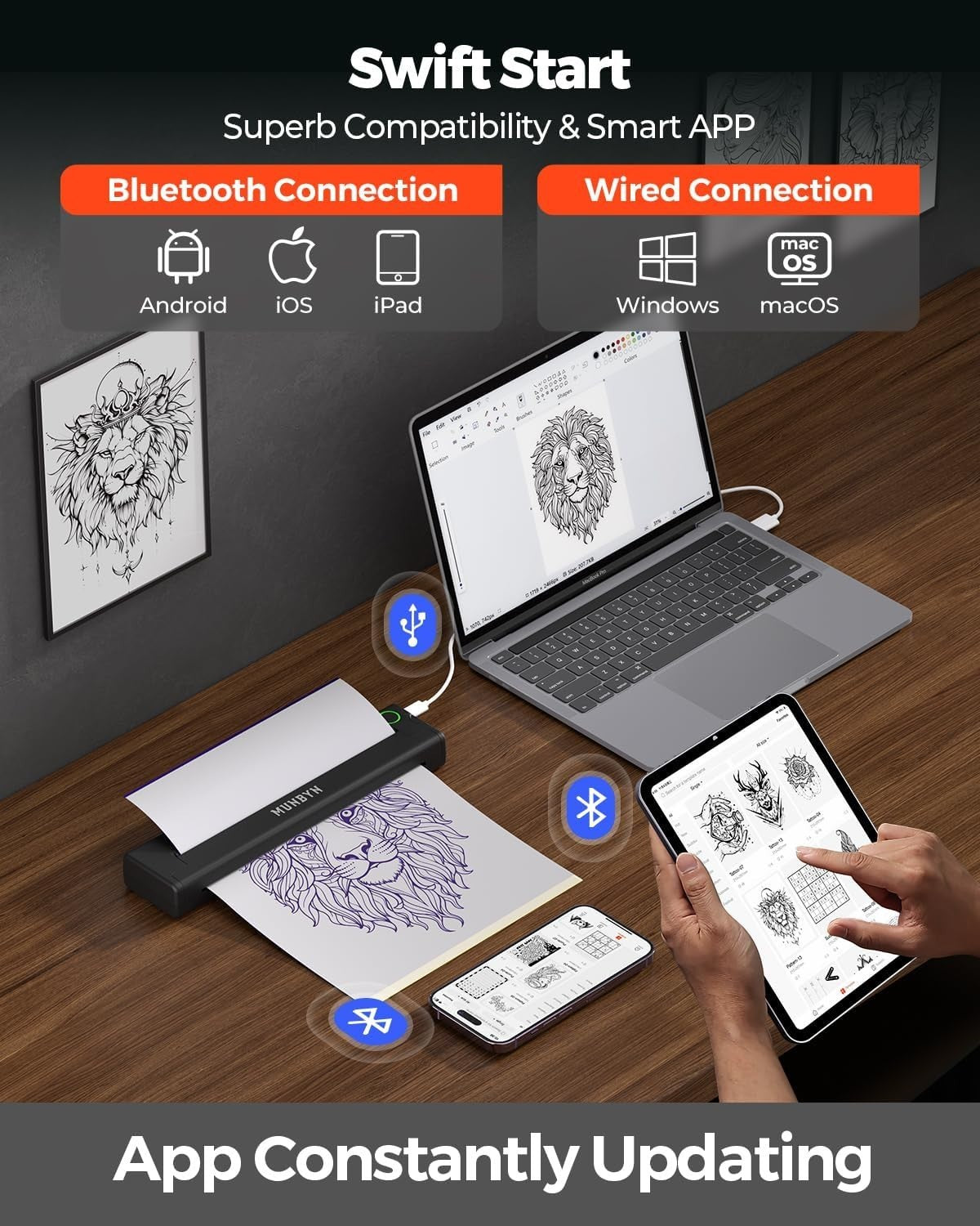Black Wireless Thermal Tattoo Stencil Printer Portable Kit for Artists