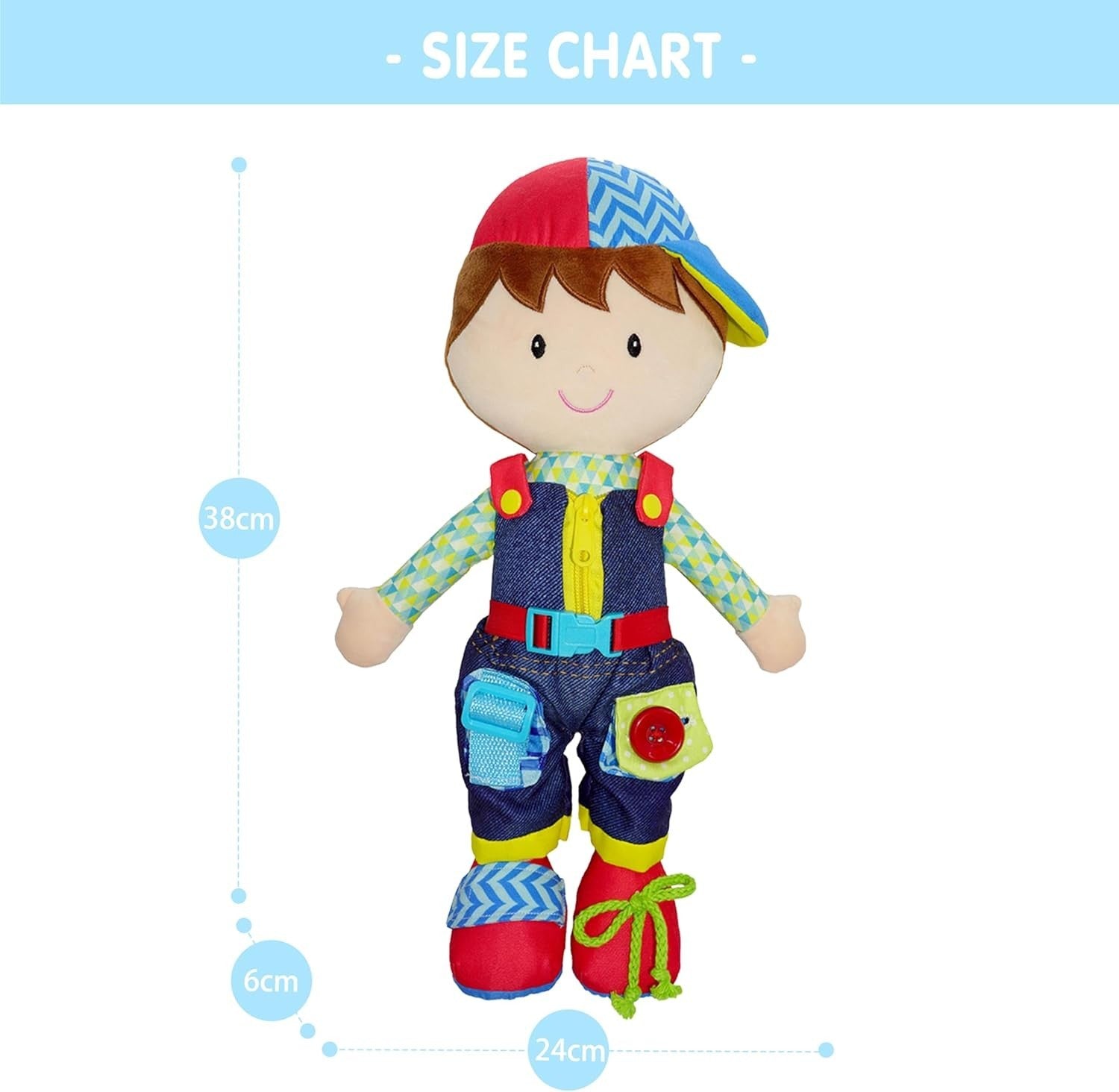 Montessori Learn to Dress Plush Doll Buckles Zips 15.5”