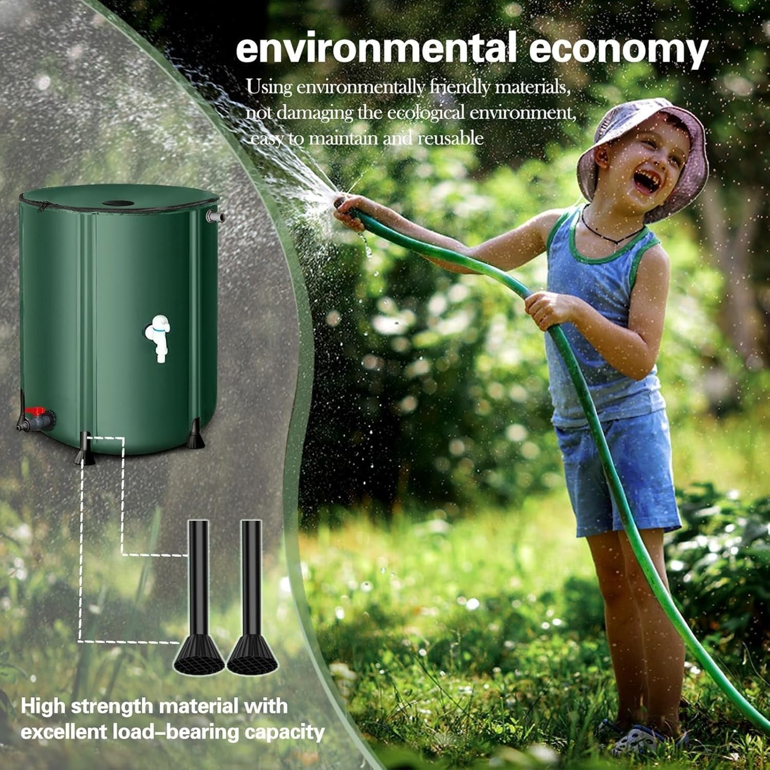 250L Collapsible Garden Water Butt, Portable Rainwater Barrel, Green