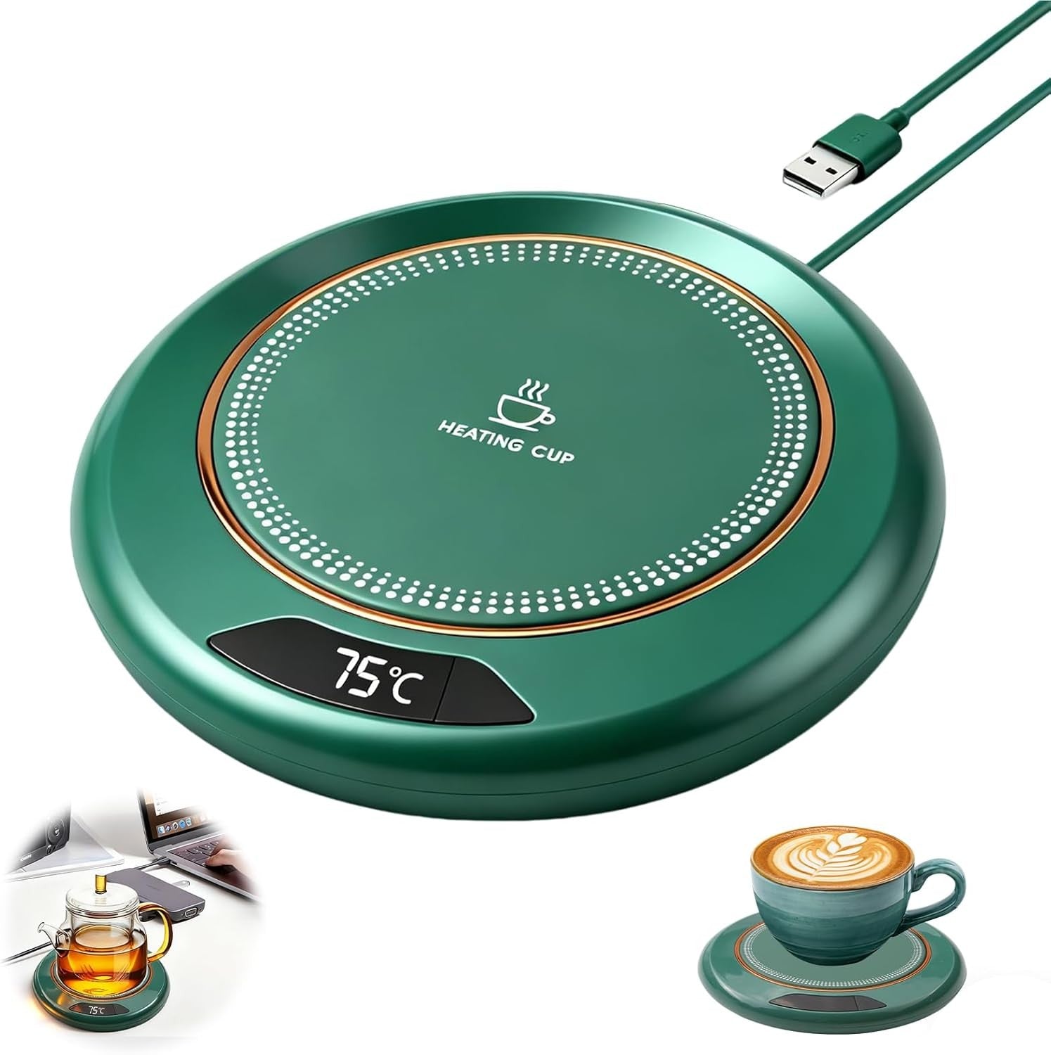 Green USB Coffee Mug Warmer 3 Temp 8H Auto Off Heated Desk Plate