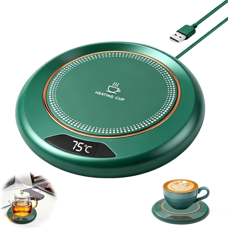Green USB Coffee Mug Warmer 3 Temp 8H Auto Off Heated Desk Plate