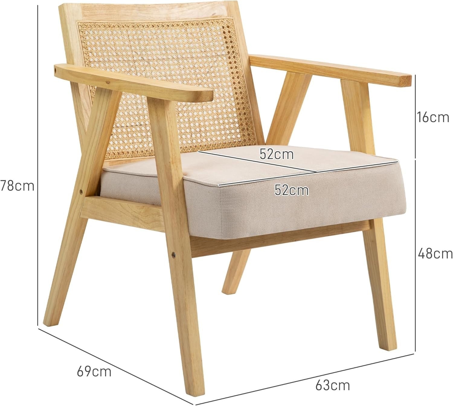 Fabric Accent Armchair With Rattan Back Solid Wood Indoor Lounge Chair
