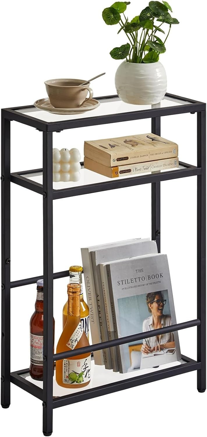 Slim Glass Side Table 3 Tier Narrow Black End Shelf for Sofa Bed Small Space