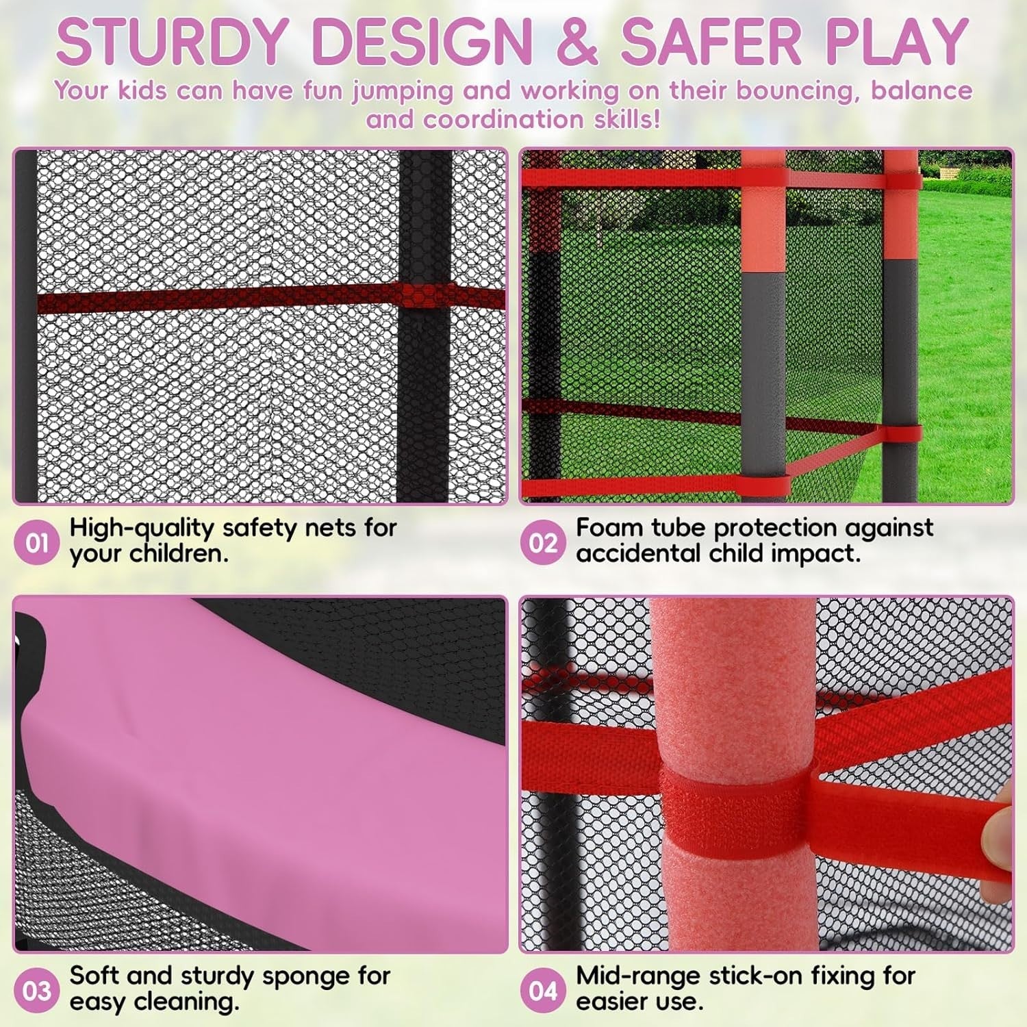 Pink Kids Trampoline 140cm Safety Net Indoor Outdoor Ages 3–10
