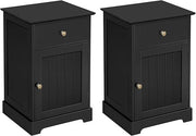 Black Bedside Tables Set of 2 | Wooden Nightstands with Drawer & Cupboard