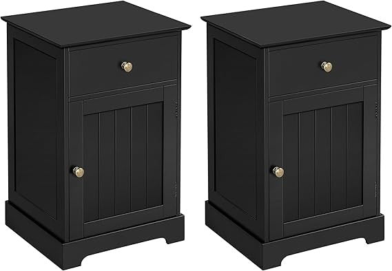 Black Bedside Tables Set of 2 | Wooden Nightstands with Drawer & Cupboard