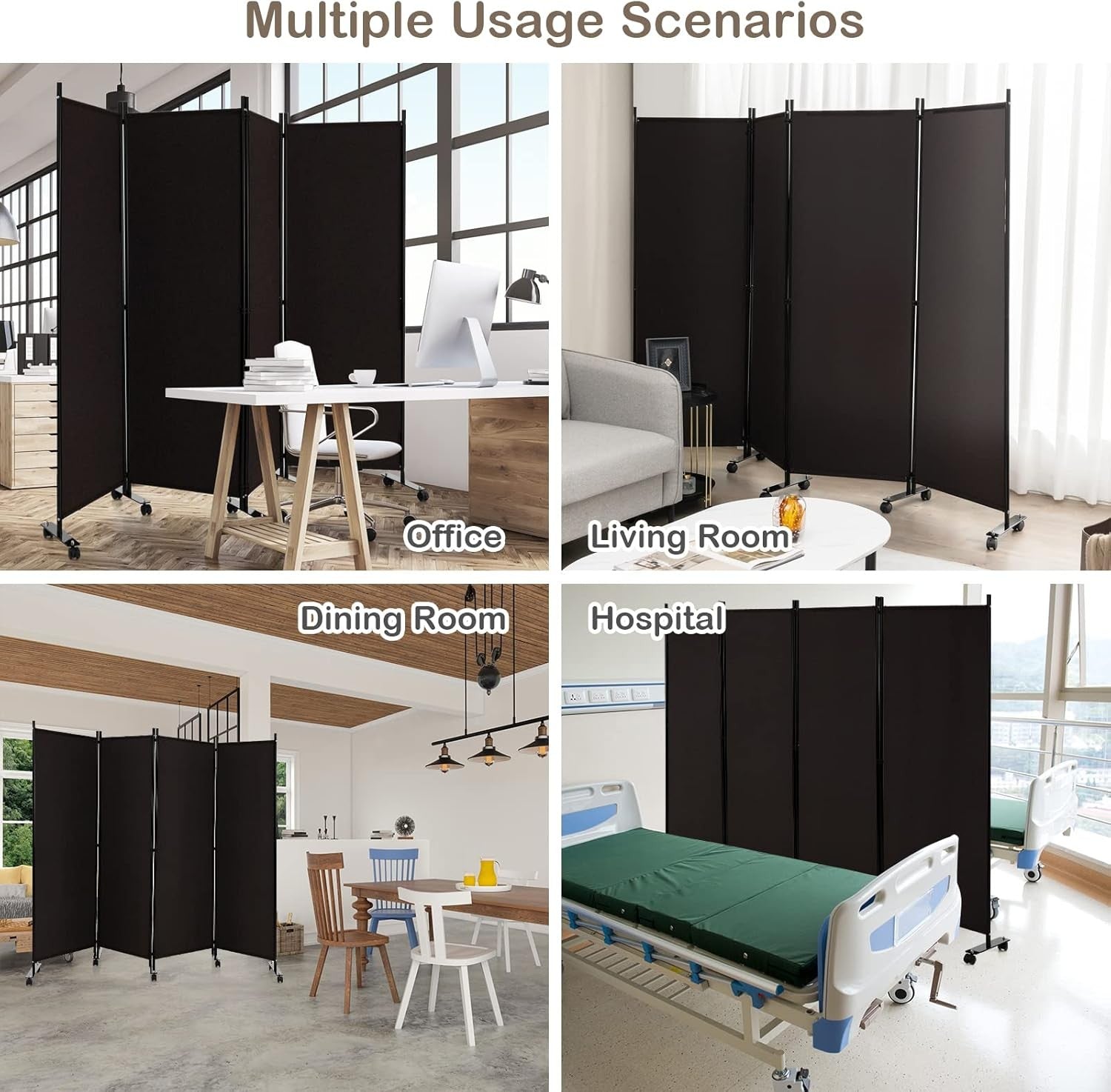 4-Panel Brown Folding Room Divider 224x30x172cm Privacy Screen Partition