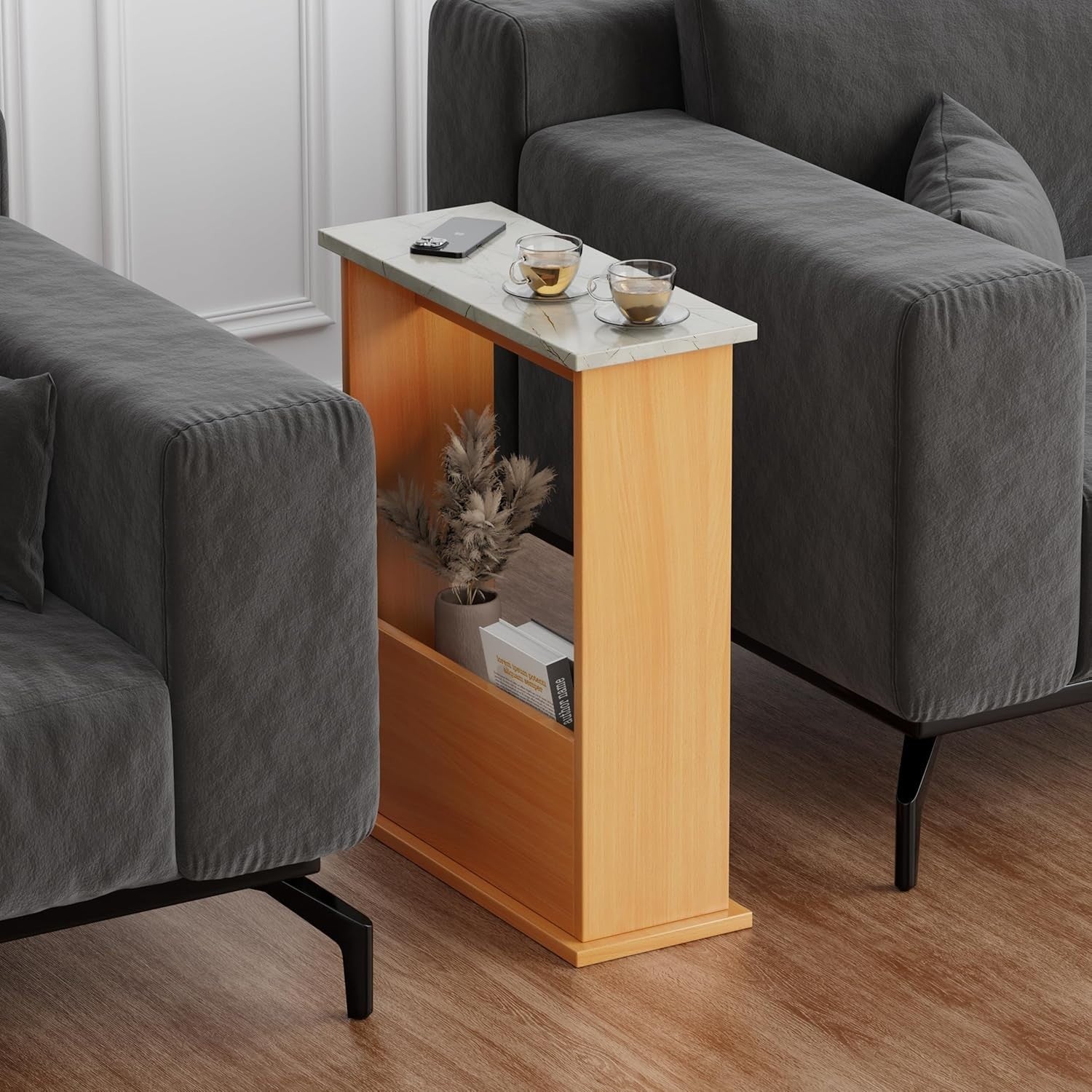 Modern Slim Side Table with Magazine Rack, Marble Top, Compact 55x45x18cm