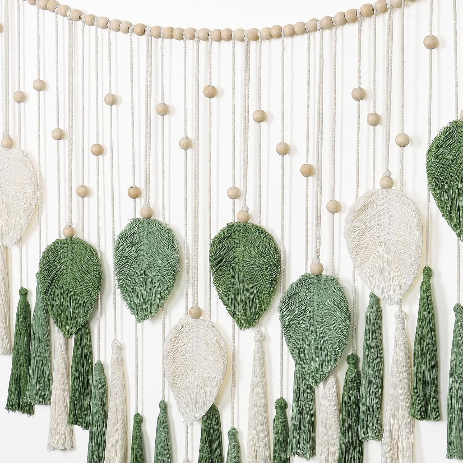 Large Macrame Wall Hanging Beige Green Leaf Tassel Boho Decor