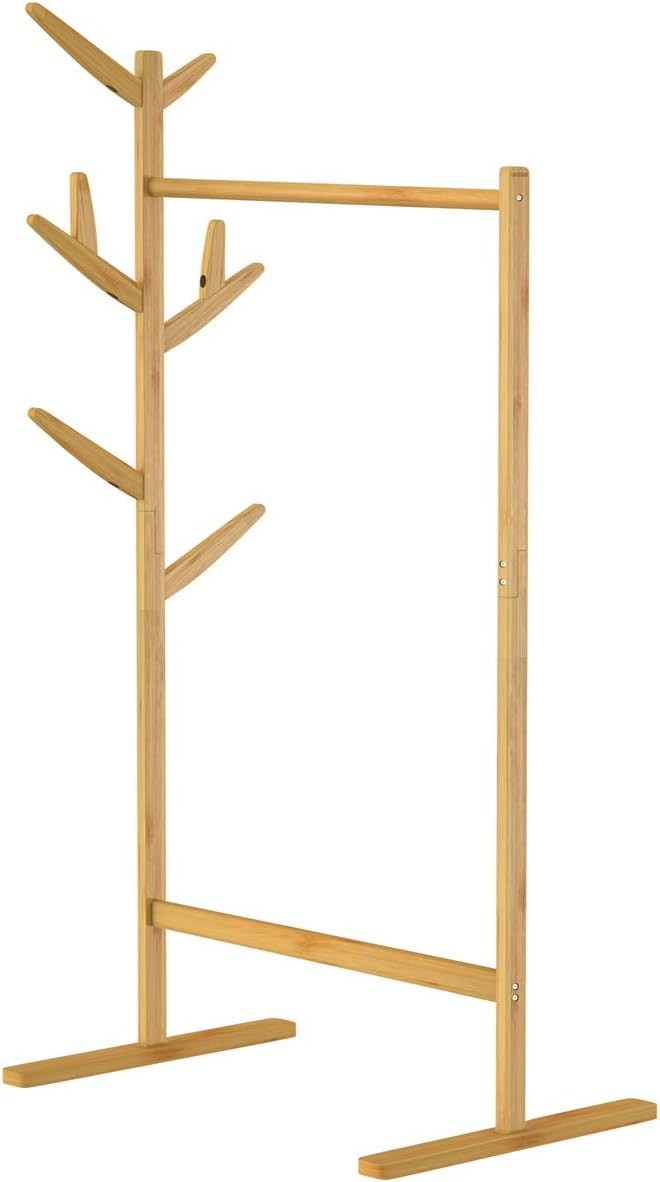 2-in-1 Wooden Bamboo Coat Rack Stand 8 Hooks Freestanding Hallway Hanger
