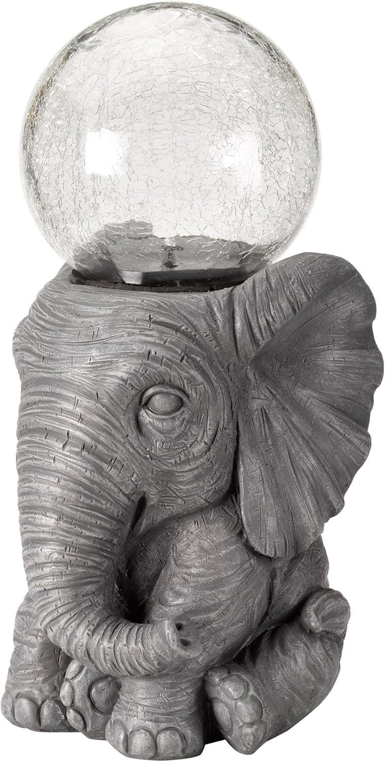 Solar Elephant Garden Ornament 37cm Crackle Ball LED Light Waterproof Outdoor