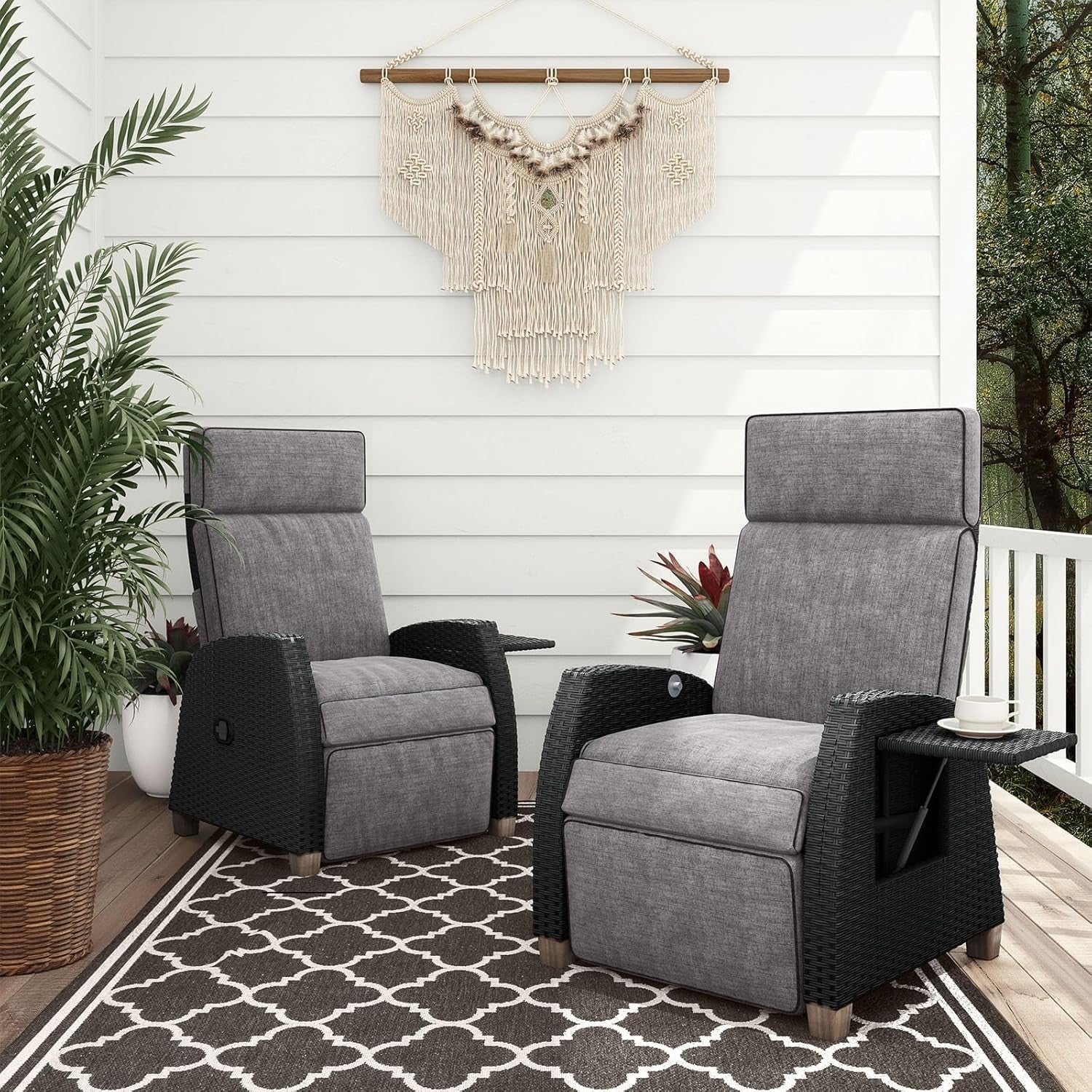 Adjustable Outdoor Recliner Patio Chair Wicker Sun Lounger Dark Gray