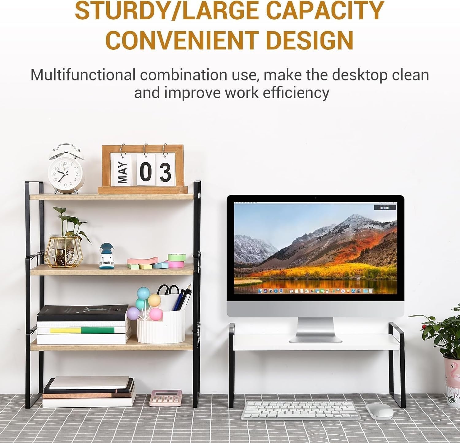 2-Tier Adjustable Wood Desk Shelf Organizer Cute Desktop Storage Rack 40cm