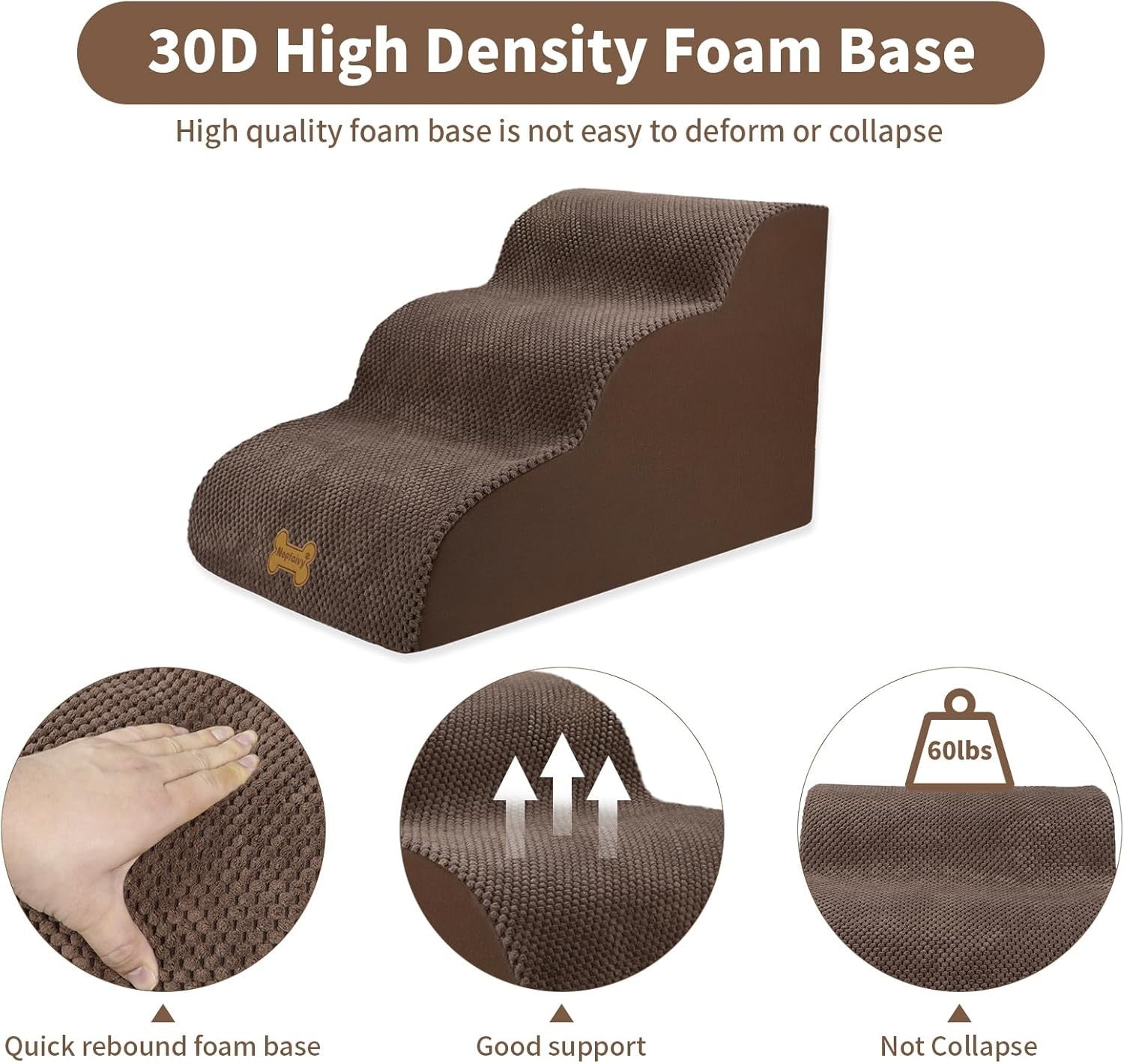 3-Step Dog Stairs Non-Slip Pet Ramp Small Dogs Cats Brown