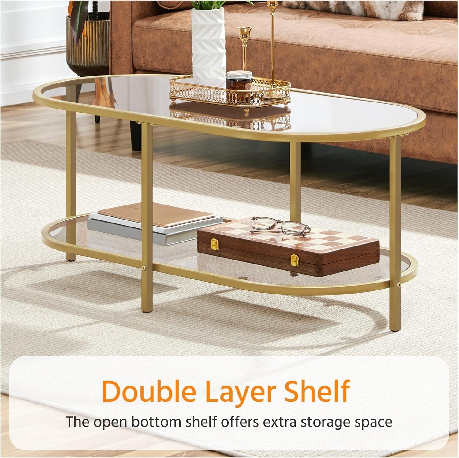 Modern Oval Glass Coffee Table 2-Tier Storage Metal Frame 106x50x44cm