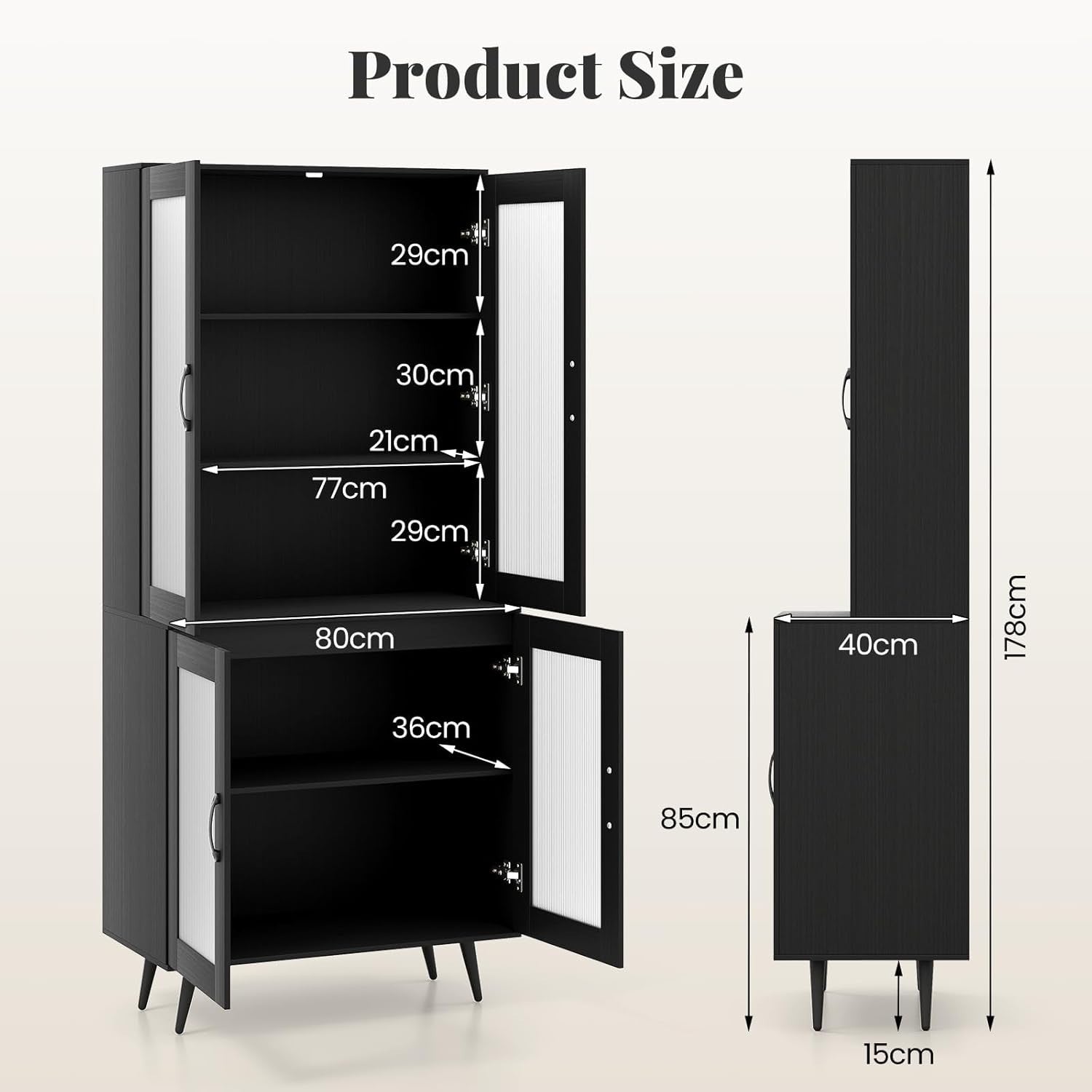 5-Tier Kitchen Cupboard Black with 4 Doors Adjustable Shelf Storage