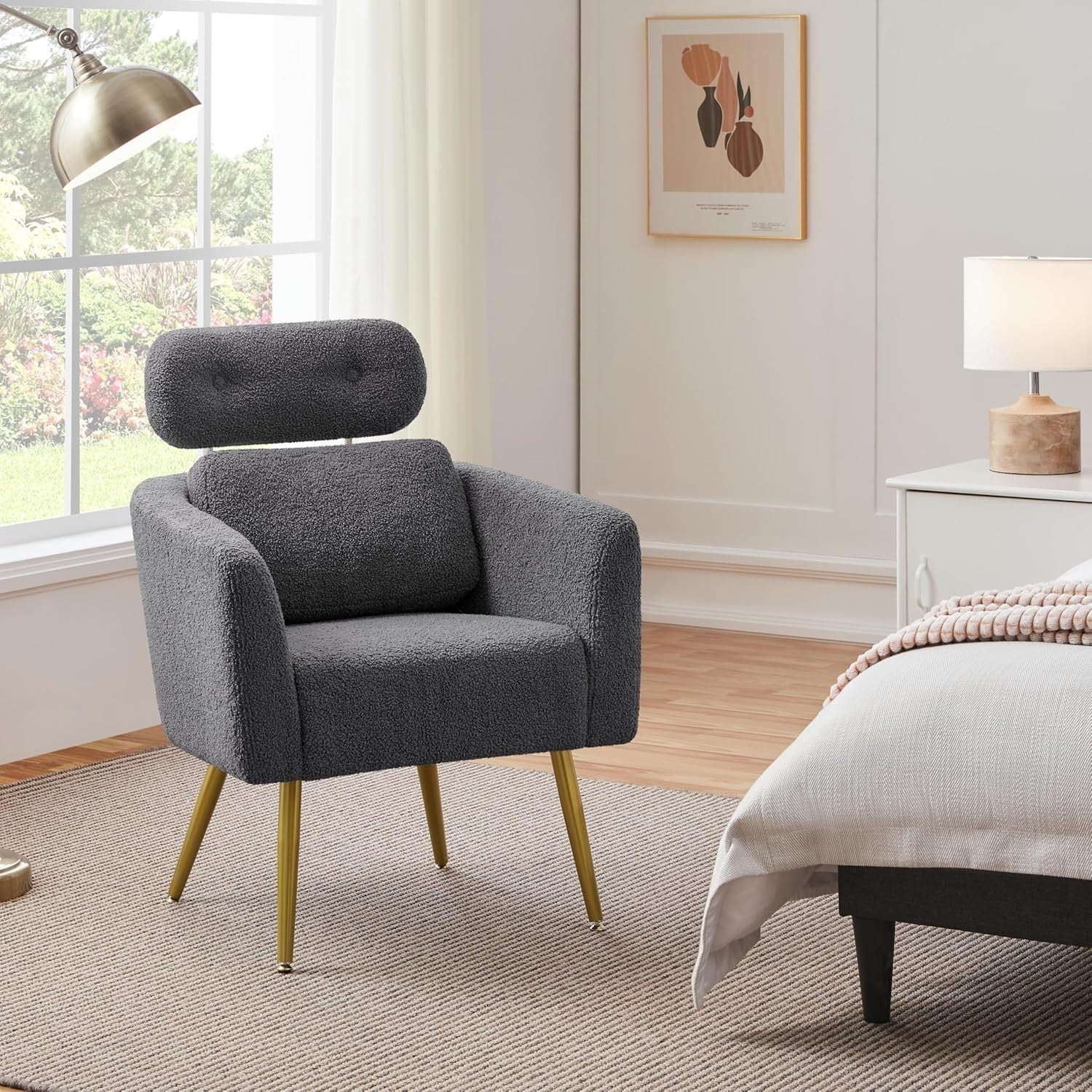 Dark Grey Boucle Lounge Armchair Lumbar Support Chair for Living Room