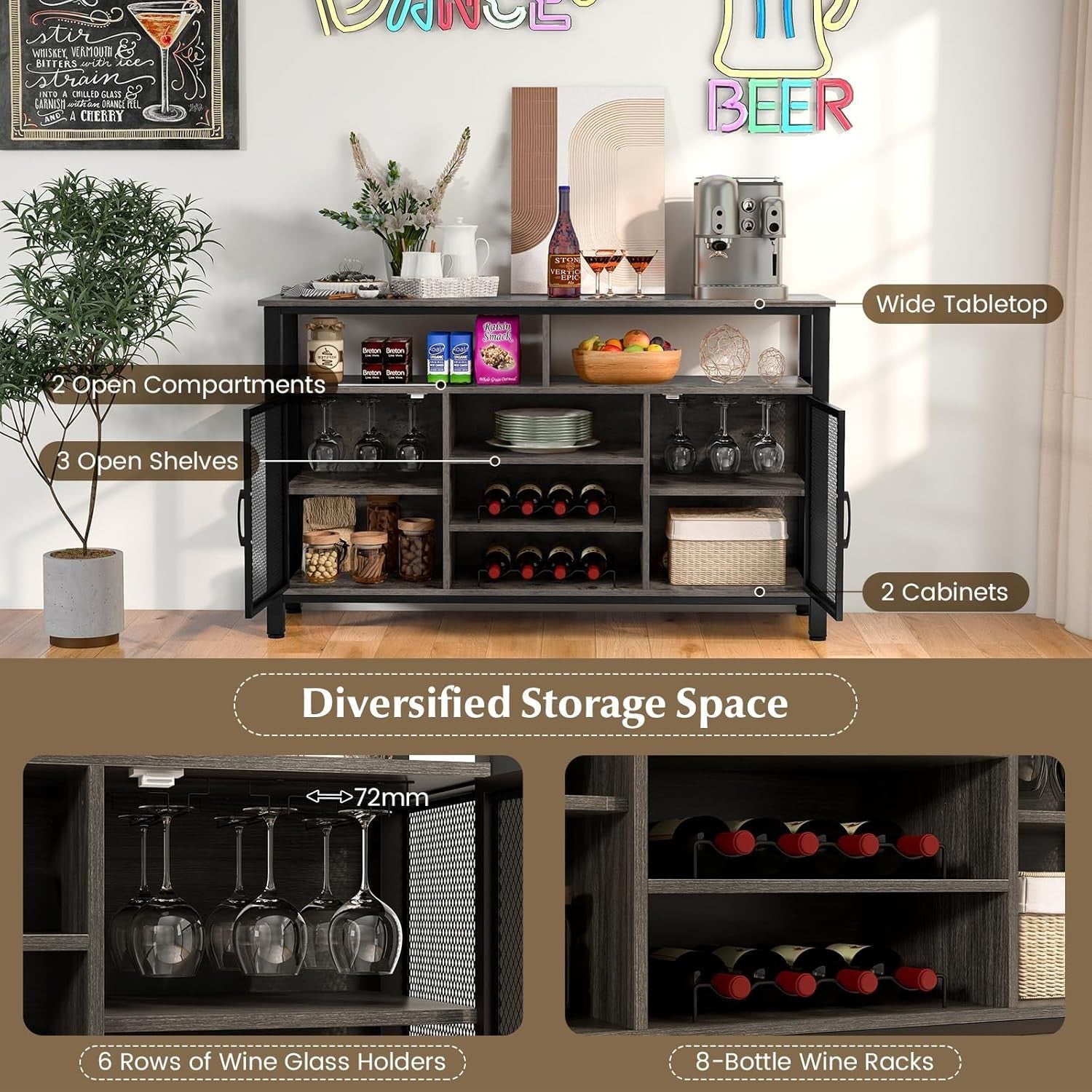 Industrial Sideboard Cabinet with Wine Racks Glass Holder Mesh Doors Gray Black