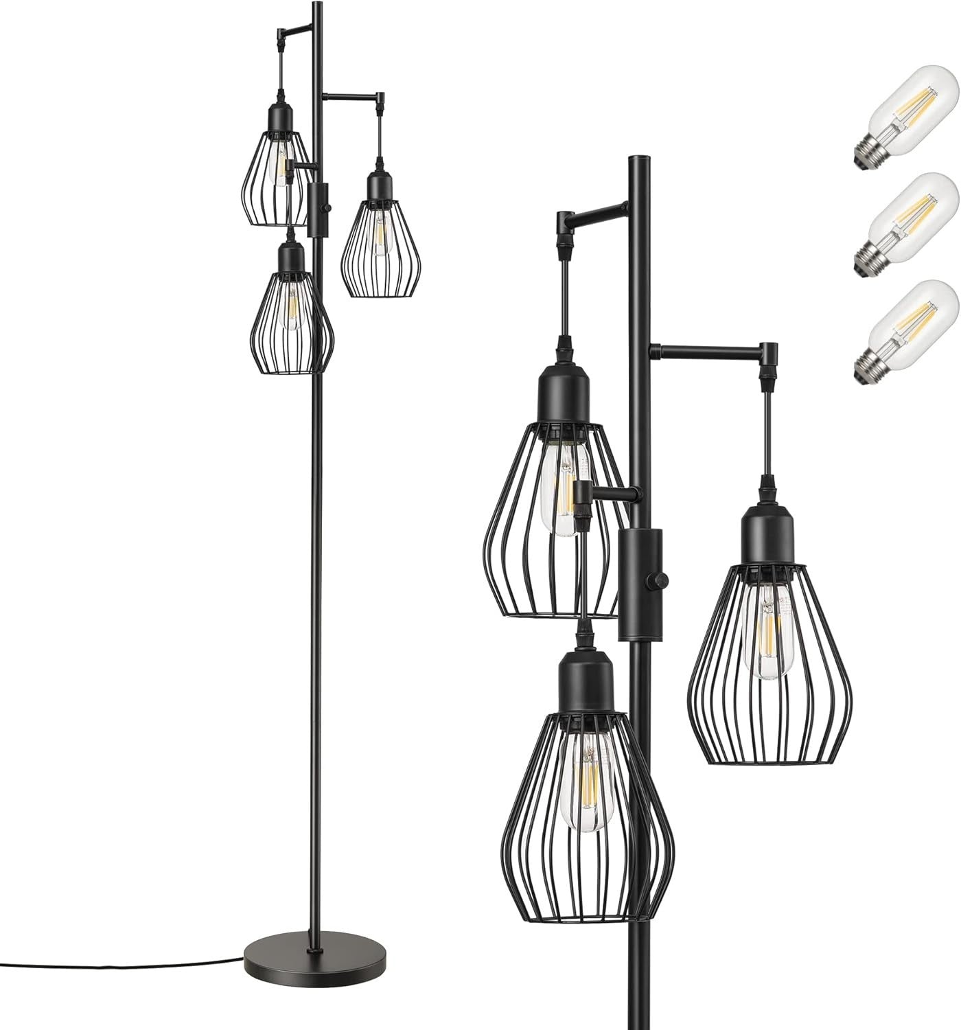 Industrial Floor Lamp with Wire Cage Shades, Dimmable, 3 LED Bulbs Included
