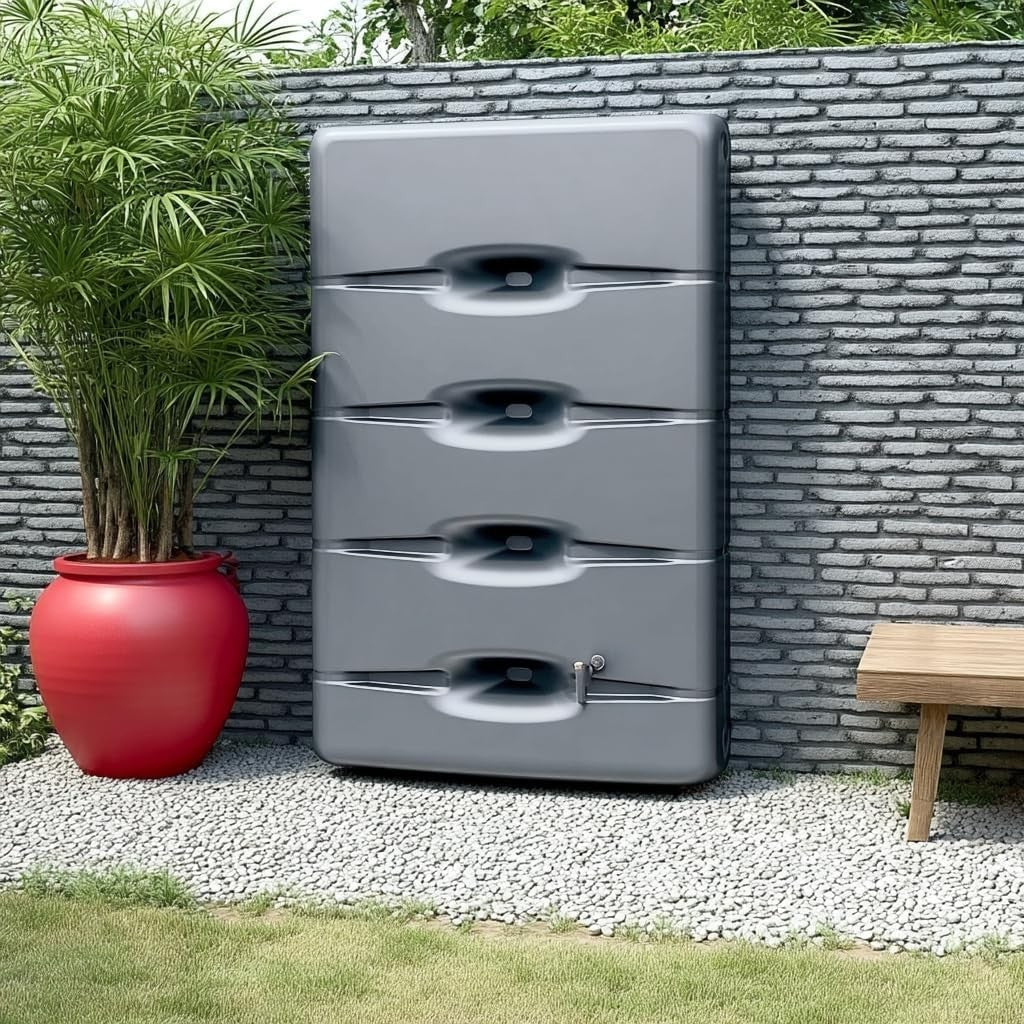 400L Slim Wall-Mounted Rainwater Tank, Rectangular, Grey, Weatherproof