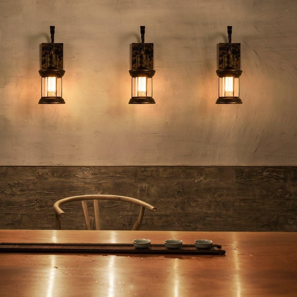 Vintage Wall Light Set of 2, Industrial Sconce with Glass Shade, Bronze Finish