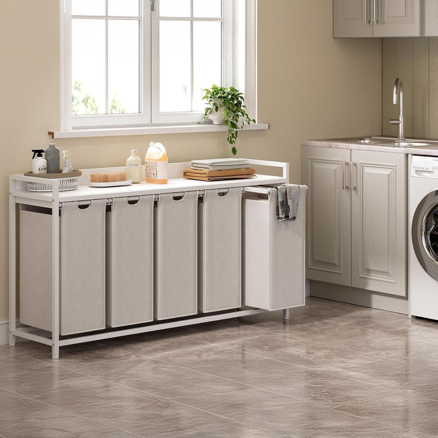 5 Section Laundry Basket with Shelf White 300L Removable Bags Wheels Metal