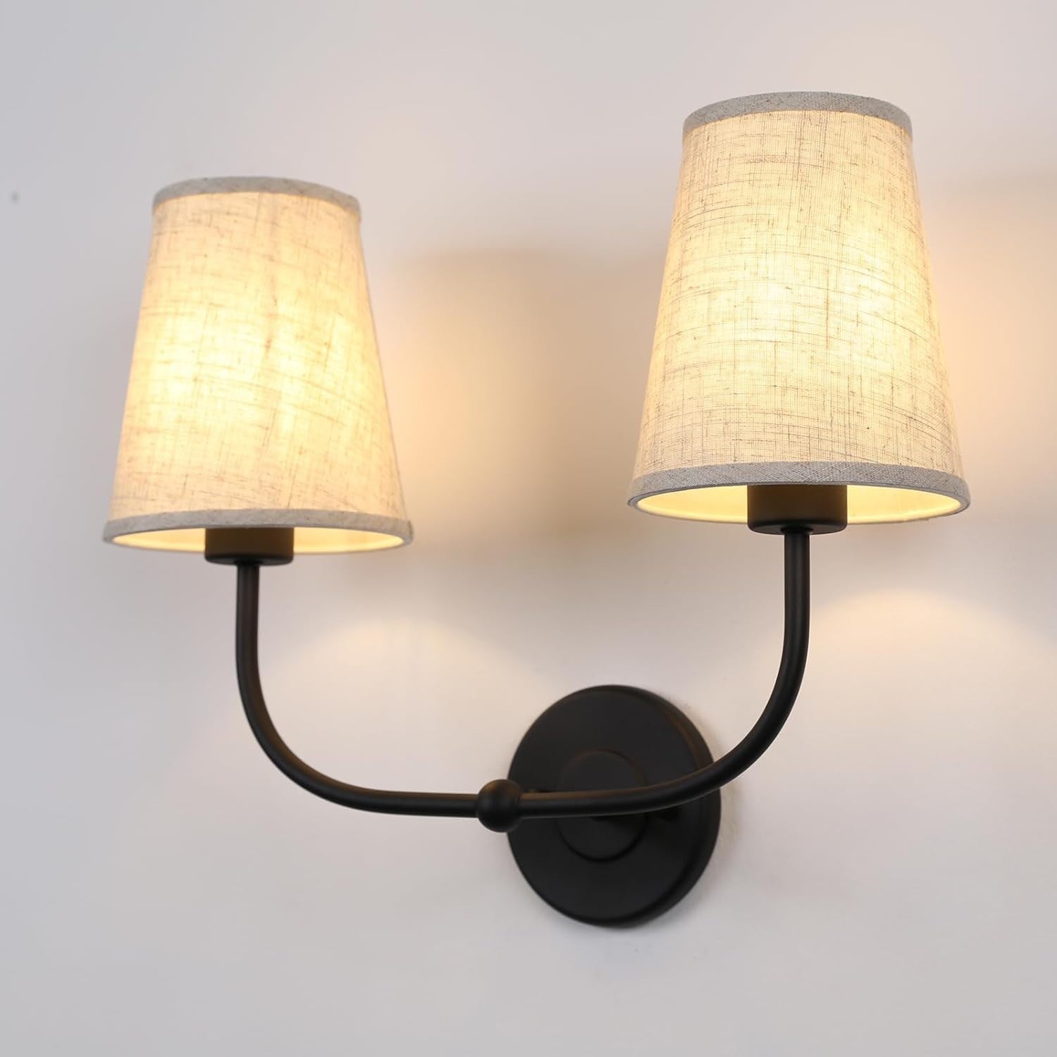 Black 2-Light Wall Sconce Linen Shades Vintage Bedroom & Bathroom Lamp