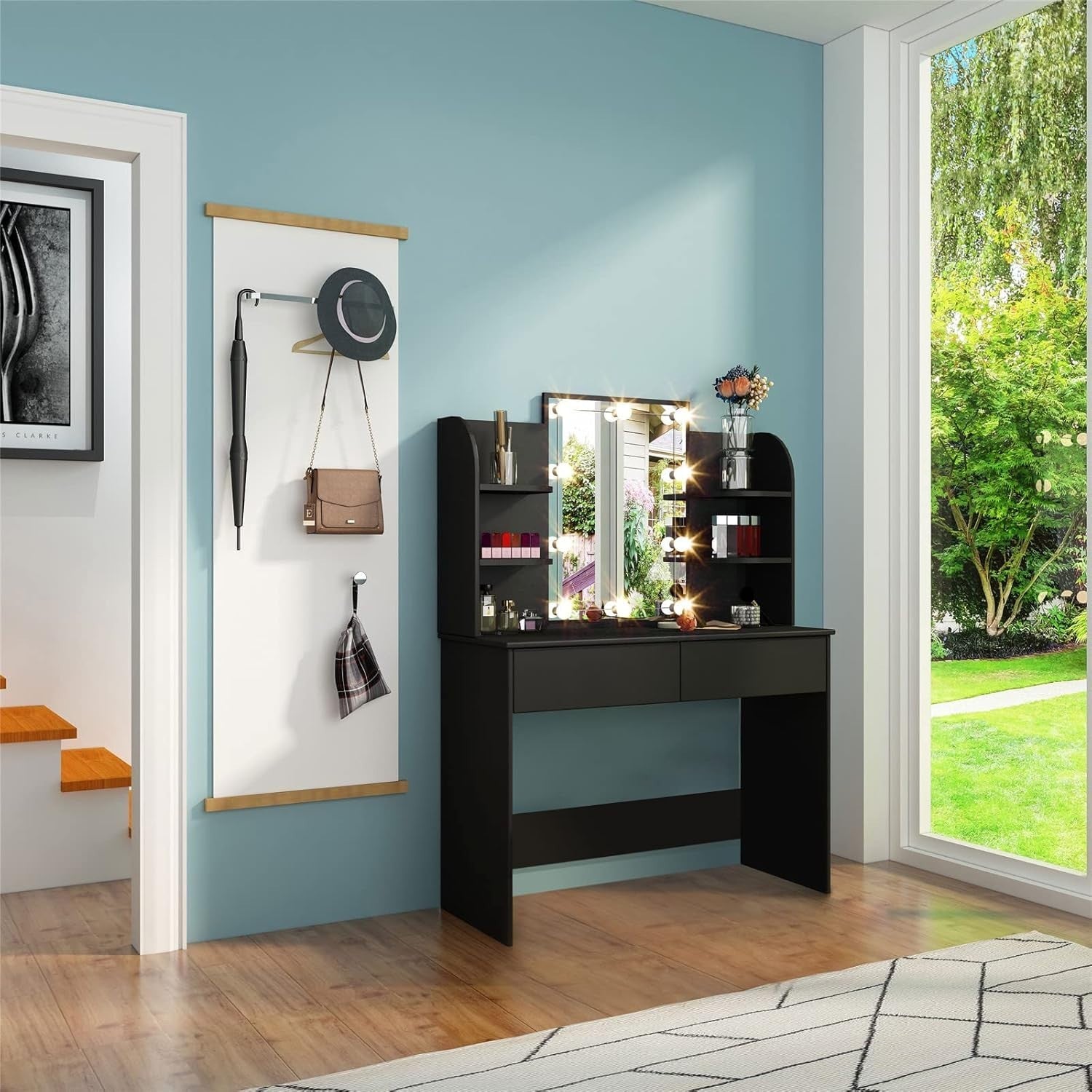 Modern Vanity Desk w/ Lighted Mirror & Charging Station USB Outlet 4 Drawers