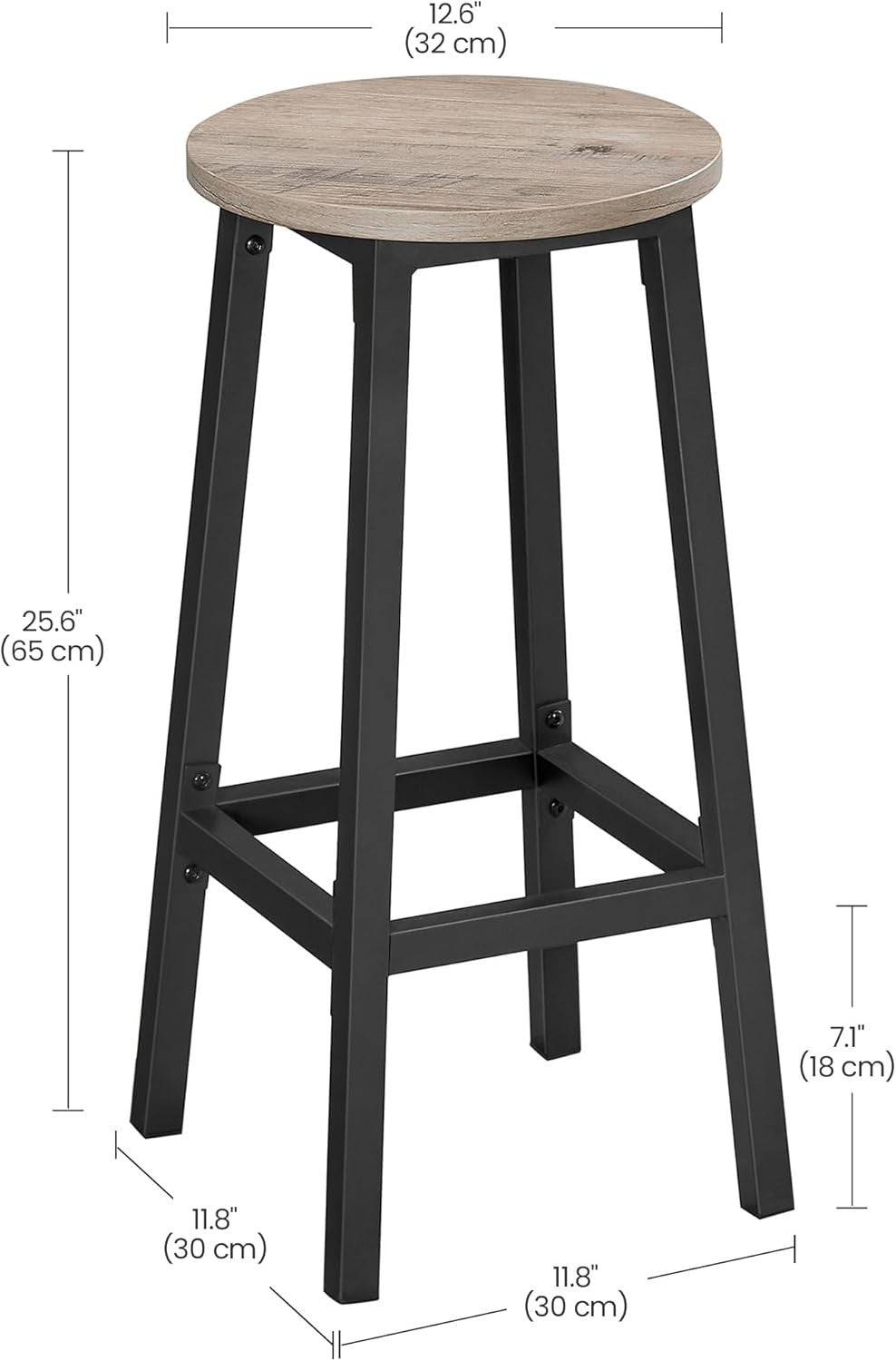 Industrial Bar Stools Set of 2 Greige Round Seat 65cm High Sturdy
