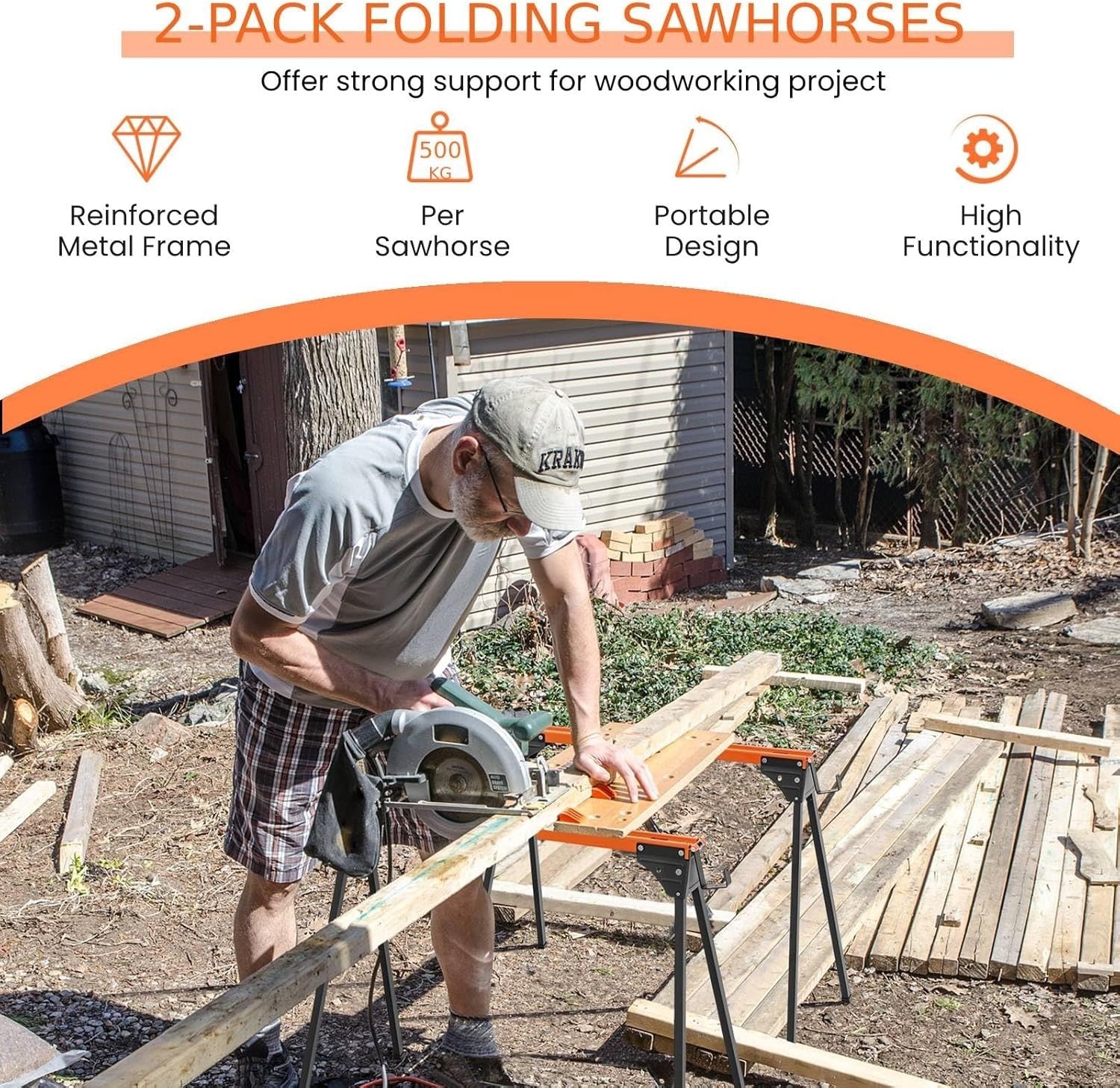 2x Folding Sawhorses 1000kg Heavy Duty Work Trestle with Support Arms