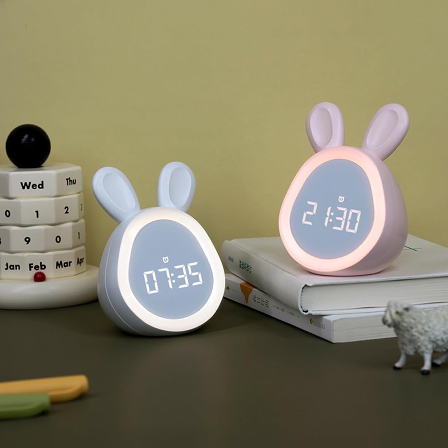 Cute Rabbit Digital Alarm Clock LED Night Light Rechargeable for Heavy Sleepers