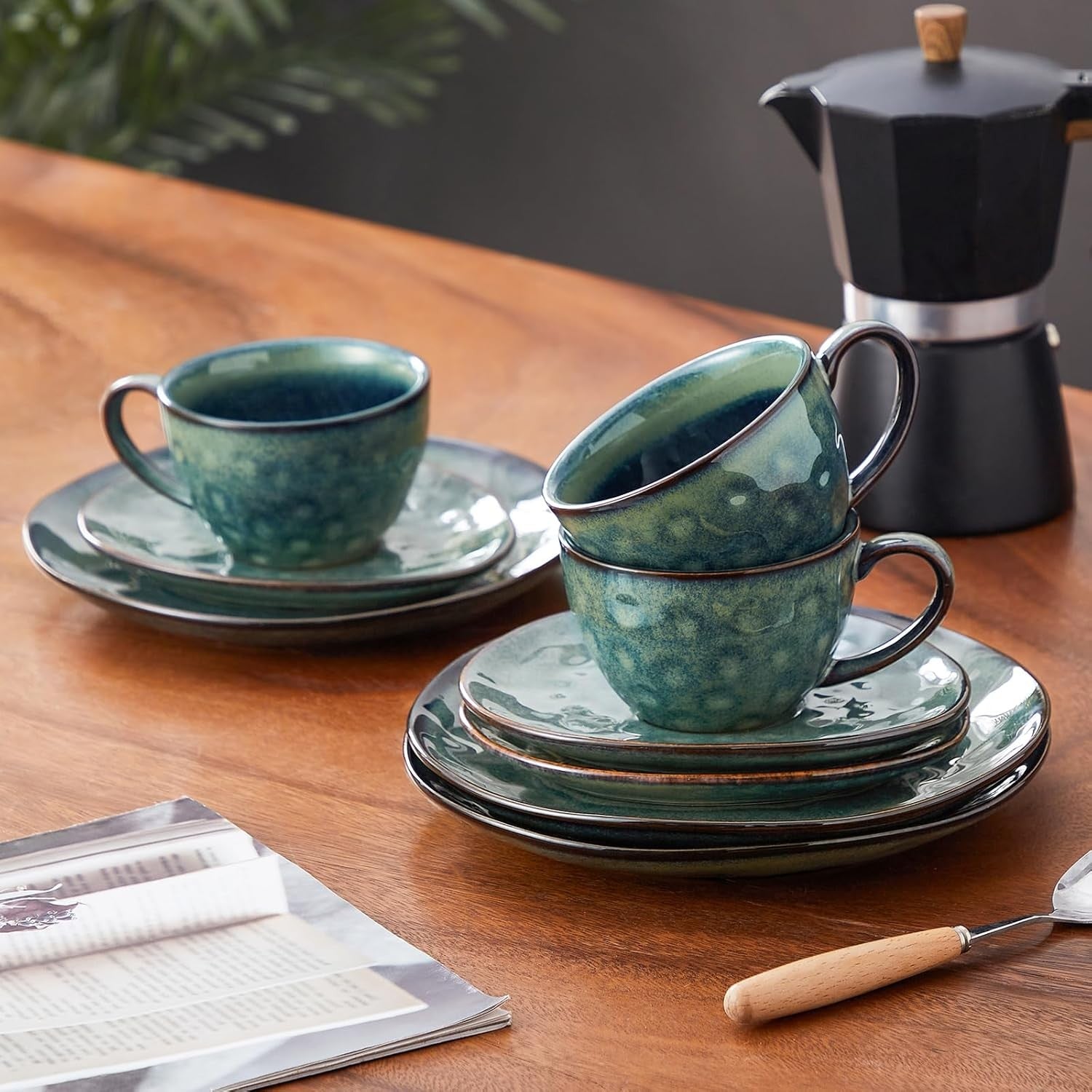 12pc Ceramic Tea Cup Saucer & Dessert Plate Set 270ml Green
