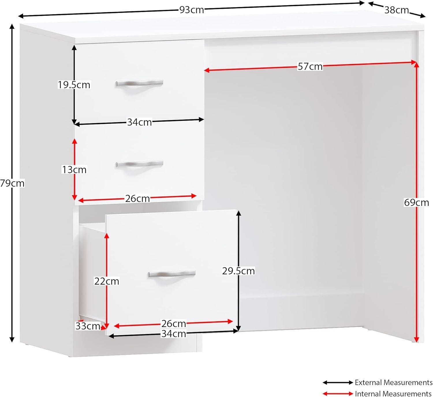 Modern White Dressing Table Desk Vanity 3 Drawers Bedroom Makeup Storage Unit
