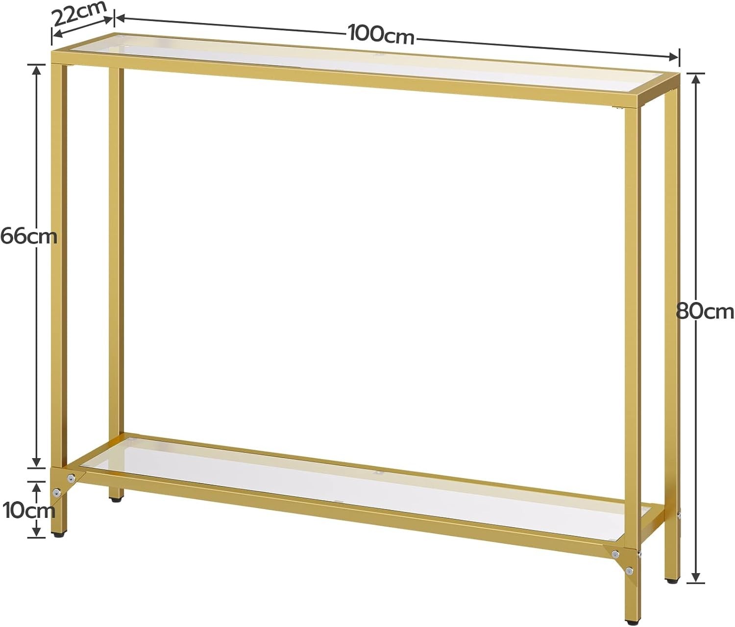 Slim 2-Tier Gold Console Table 100x22x80cm Tempered Glass Shelf