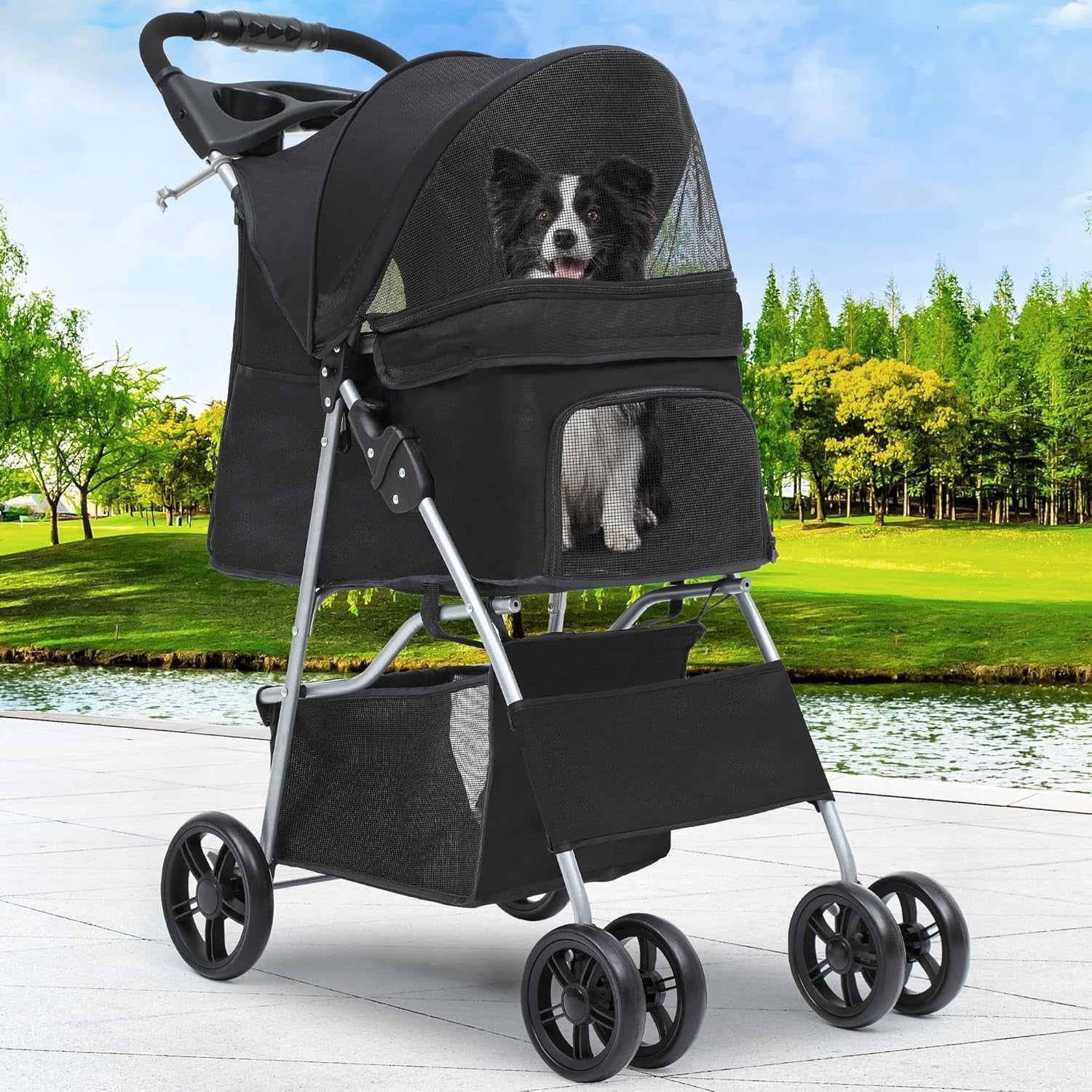 Black 4 Wheel Dog Stroller Folding Pet Pushchair Cup Holder Storage Basket