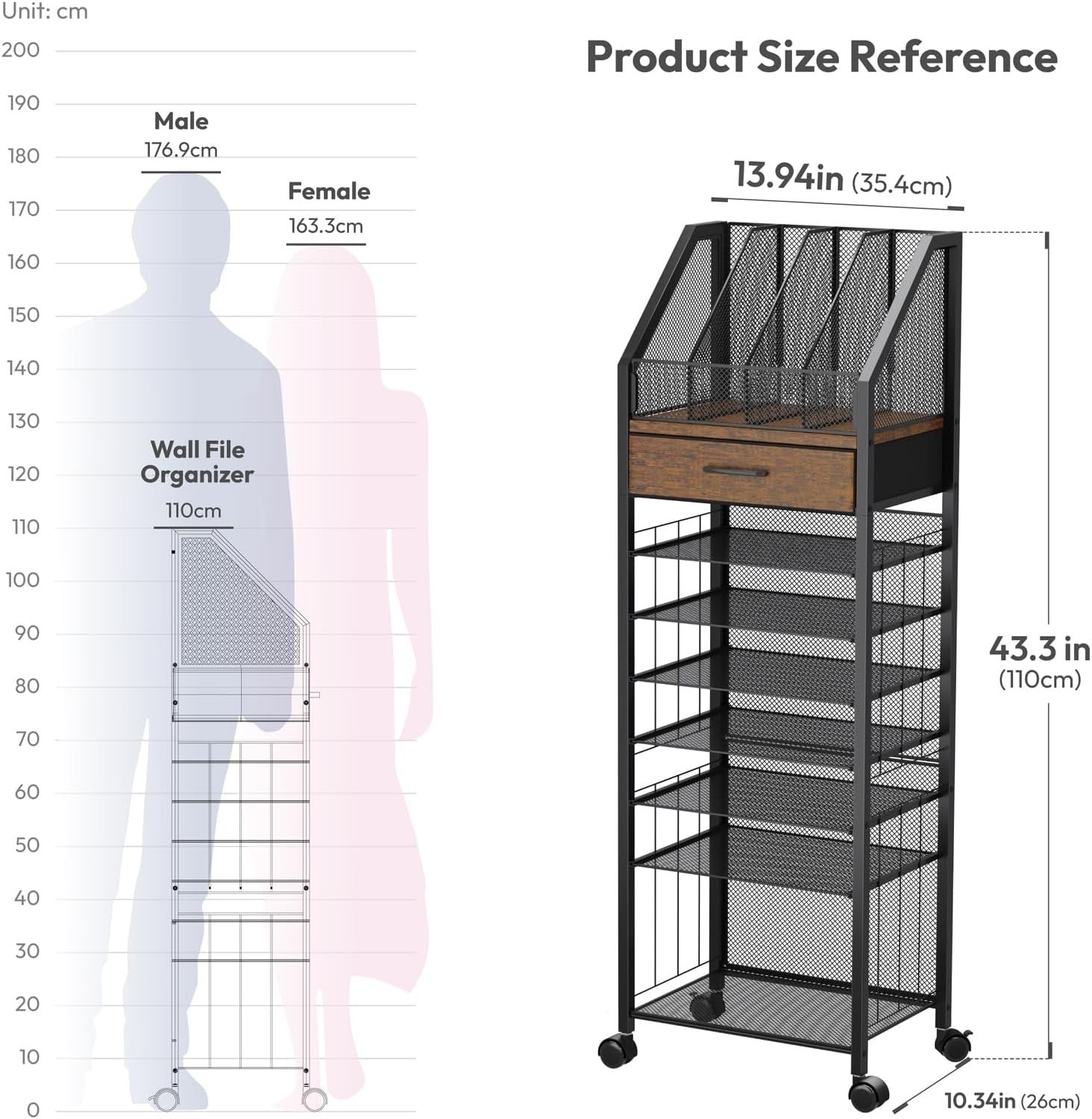 9-Tier Rolling File Cart with Drawer & Trays – Mobile Desk Organizer