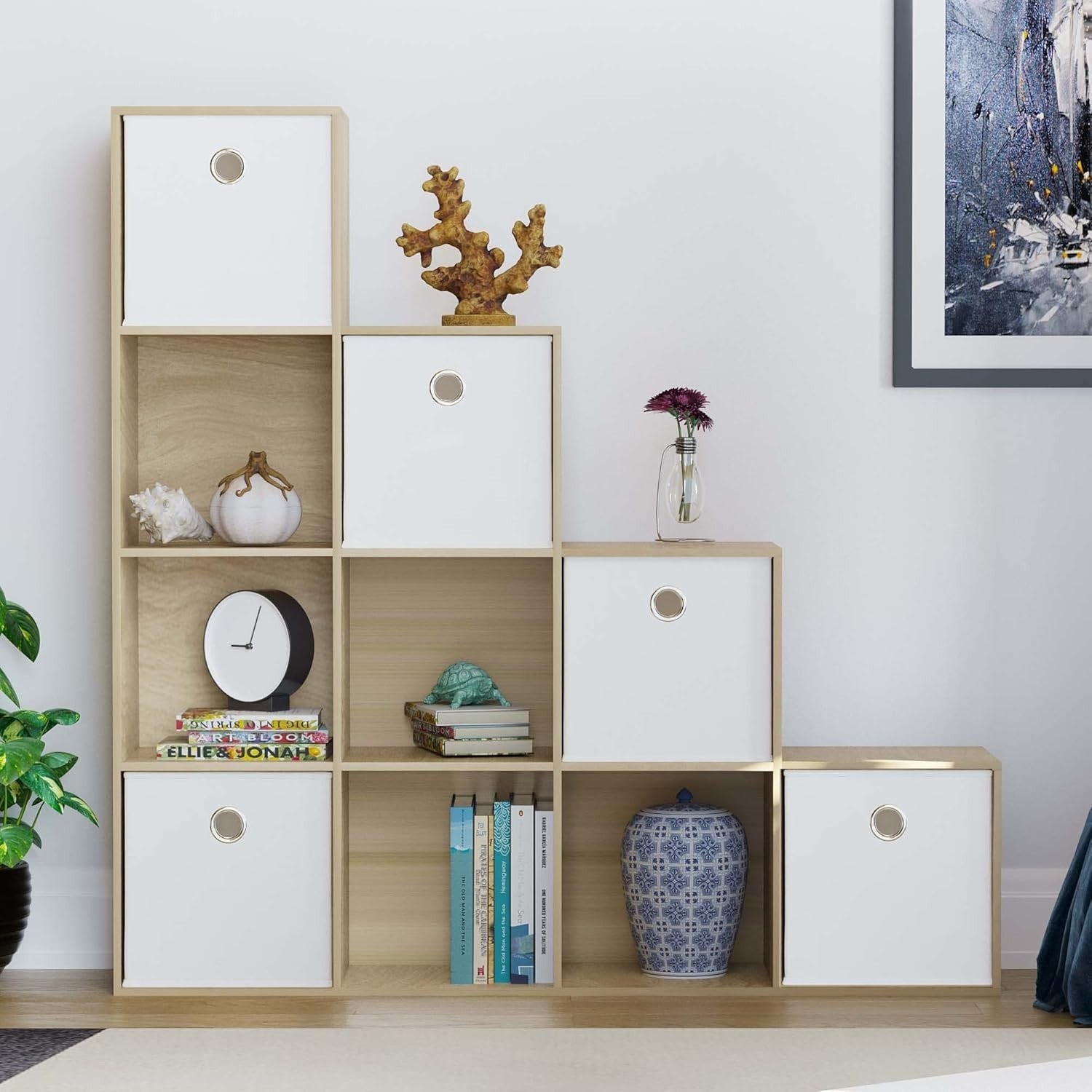Oak 10 Cube Staircase Bookcase with 5 White Baskets Modern Storage Unit