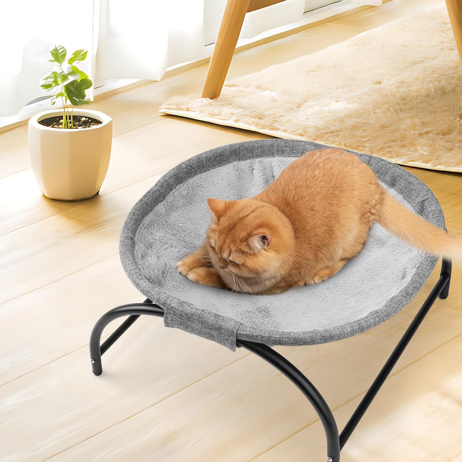 Elevated Cat Hammock Bed Free Standing Pet Cot Plush Washable Gray