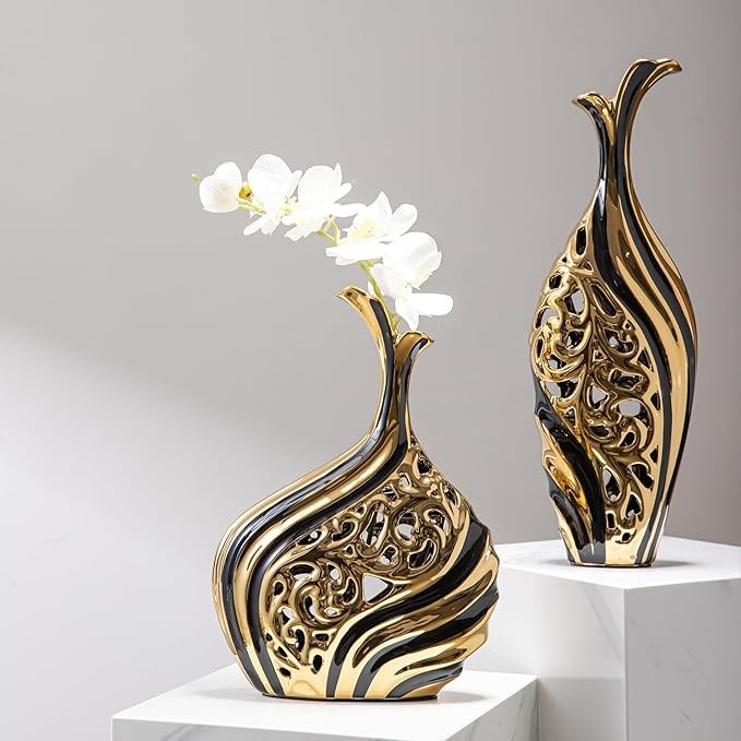 Black Gold Floor Vase 38cm Modern Luxury Pampas Grass Wedding Decor