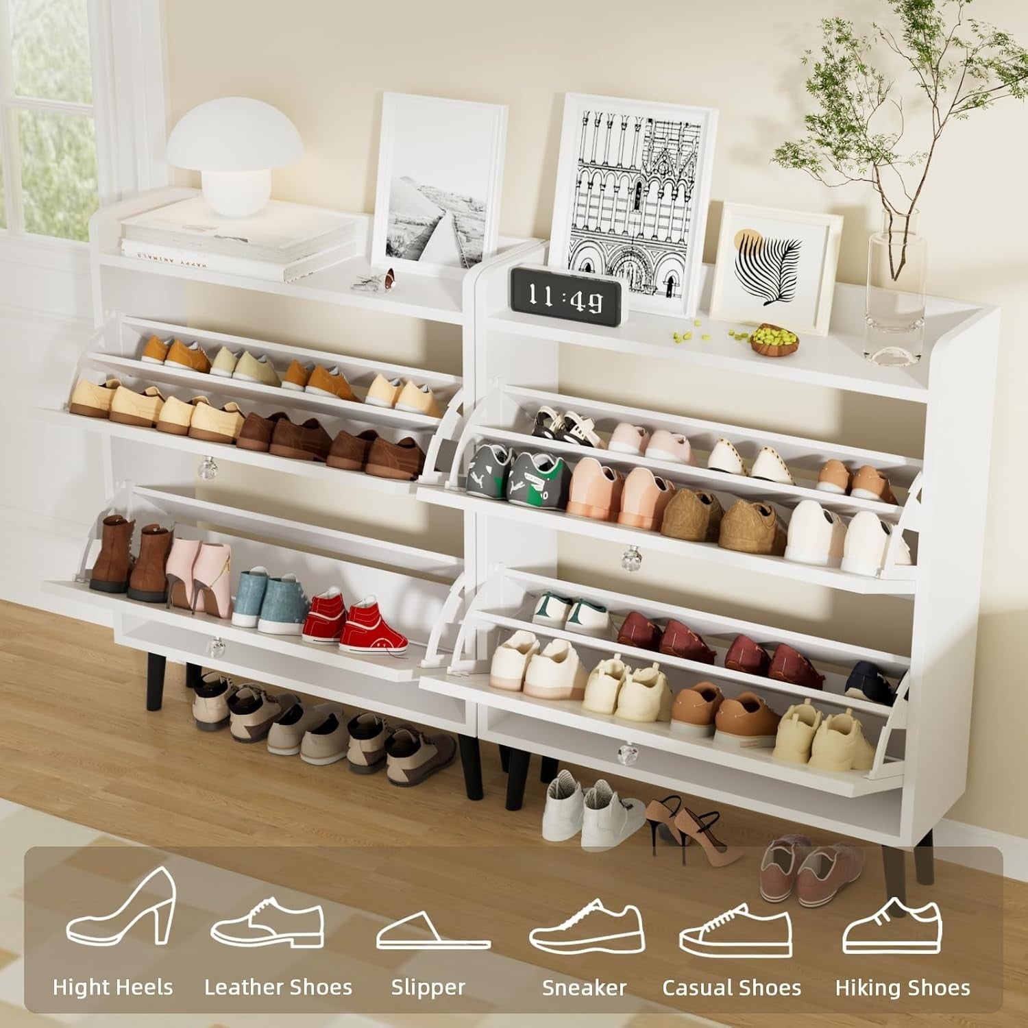 Slim White Shoe Cabinet 2 Flip Drawers with Storage, 80cm Entryway Unit