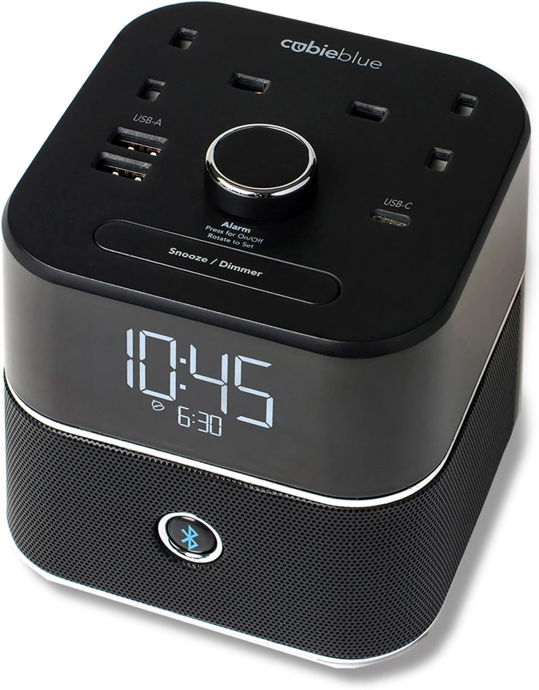 Black Digital Alarm Clock Bluetooth Speaker Dual USB-C USB-A Charging Hub