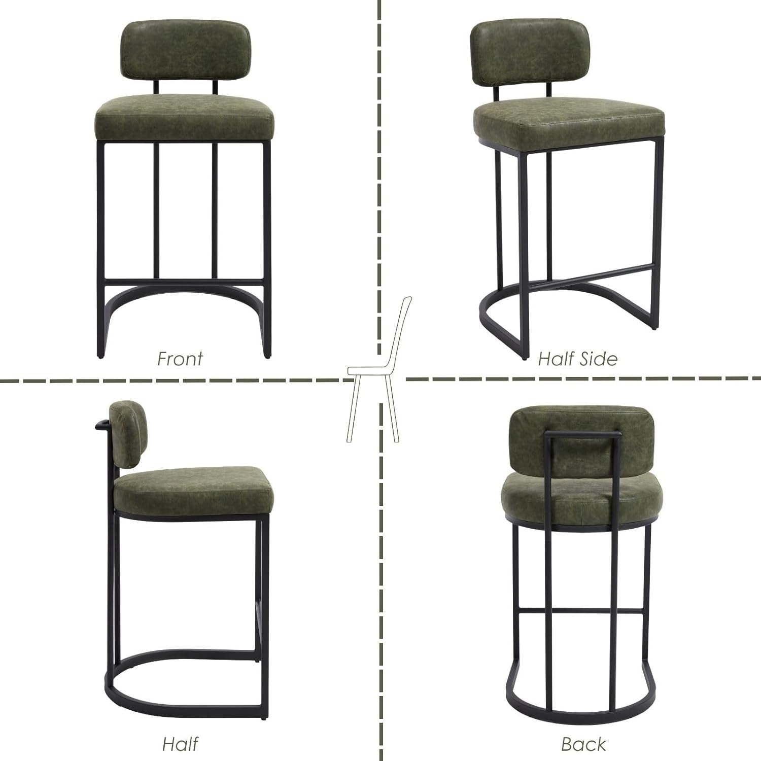 PU Leather Bar Stools Set of 2 Green Modern Counter Height Chairs