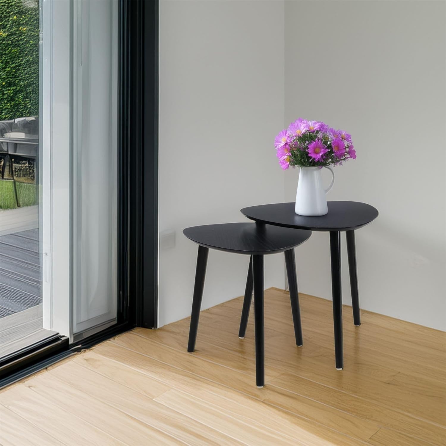 Set of 2 Black Wood Nesting Side Tables Accent End Coffee Modern Mid Century