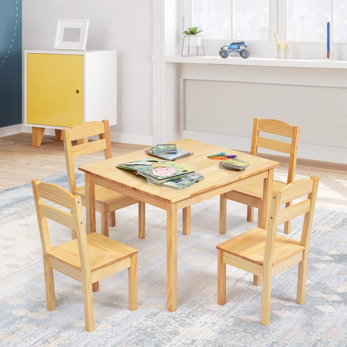 Kids Wooden Table & 4 Chairs Set Toddler Activity Desk for Play & Learning