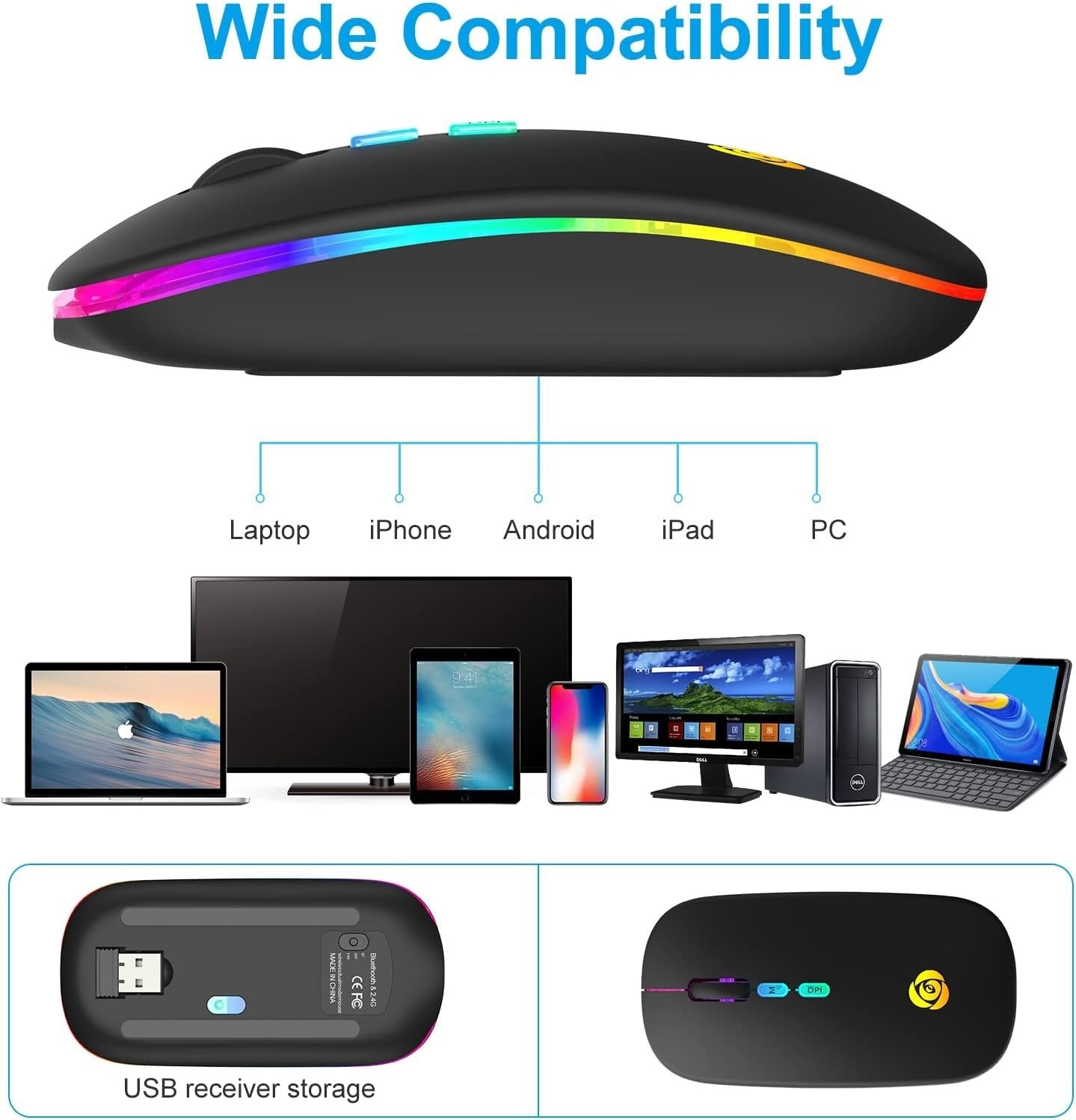 Wireless Bluetooth Mouse Rechargeable Silent RGB Type-C Black